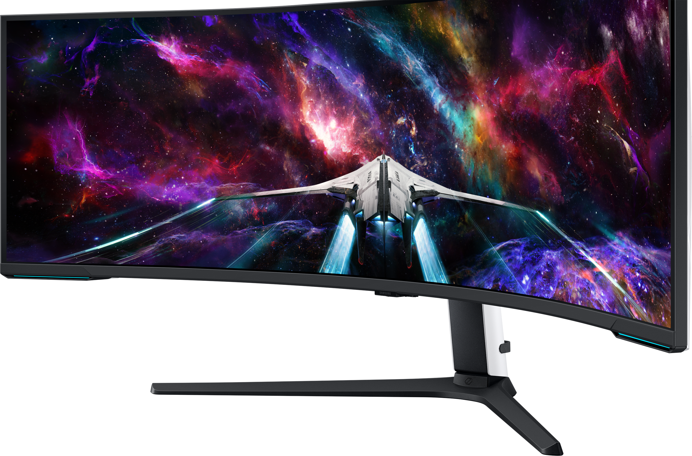 Ein geschwungener Gaming-Monitor zeigt eine farbenfrohe Weltraumszene mit einem Raumschiff. Der Hintergrund ist schwarz.