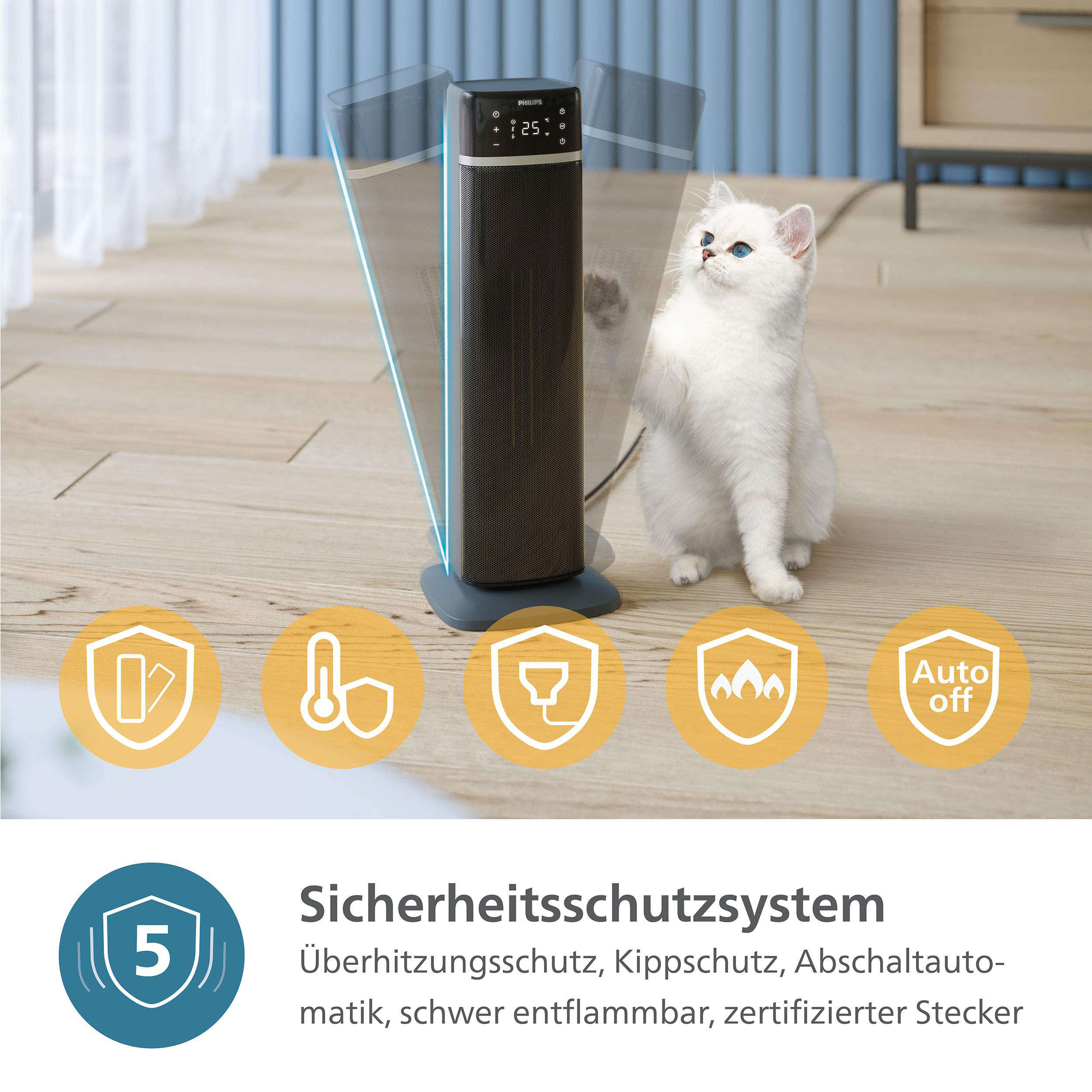 Eine weiße Katze sitzt in der Nähe eines schwarzen Turmheizers. Symbole und Text, die Sicherheitsmerkmale anzeigen, sind sichtbar.