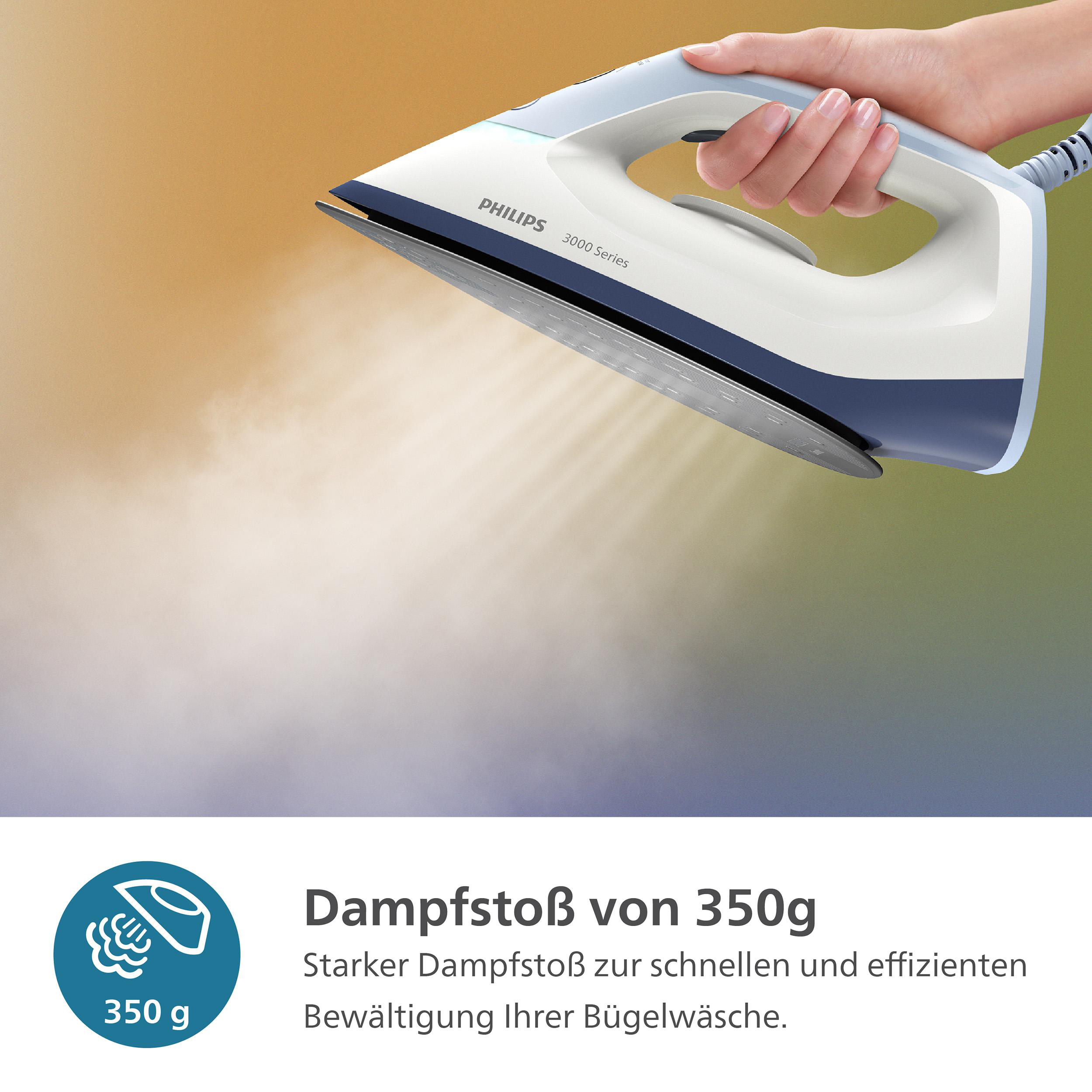 Ein Philips Bügeleisen, das Kleidung bedampft, mit dem Text 'Dampfstoß von 350g'.