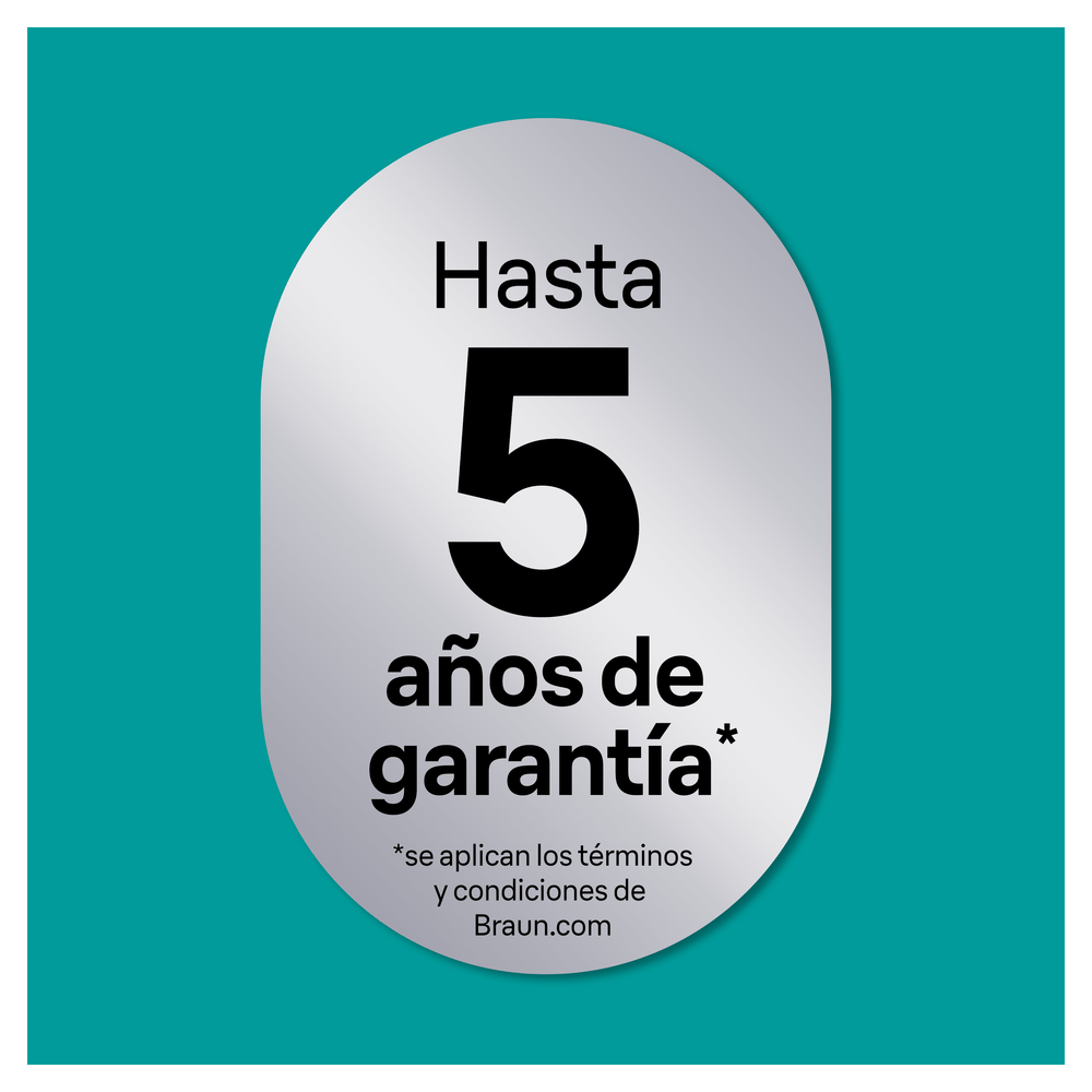 Óvalo plateado con texto: Hasta 5 años de garantía. Fondo turquesa.