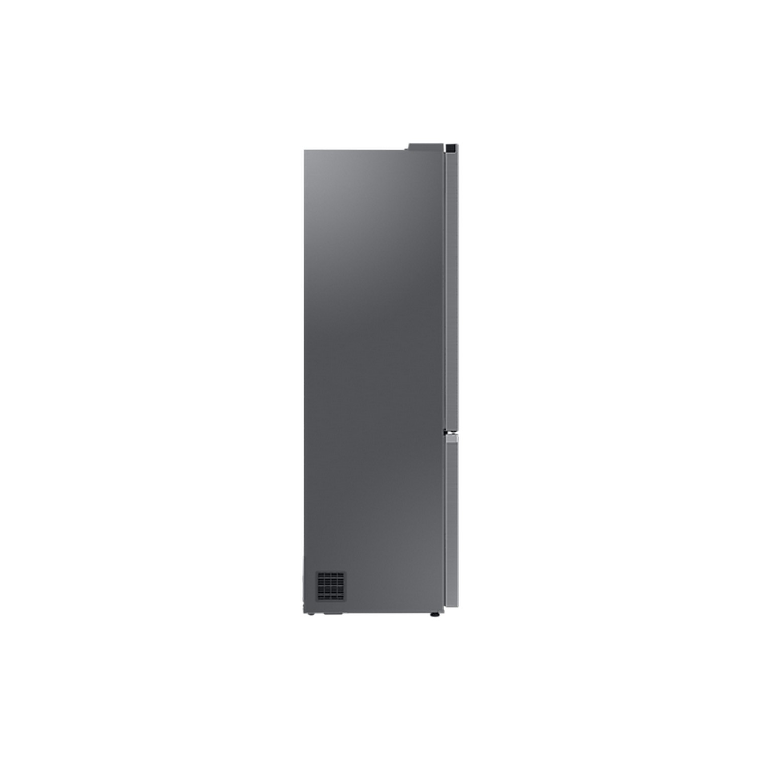 Closed refrigerator door on a black background, side view.