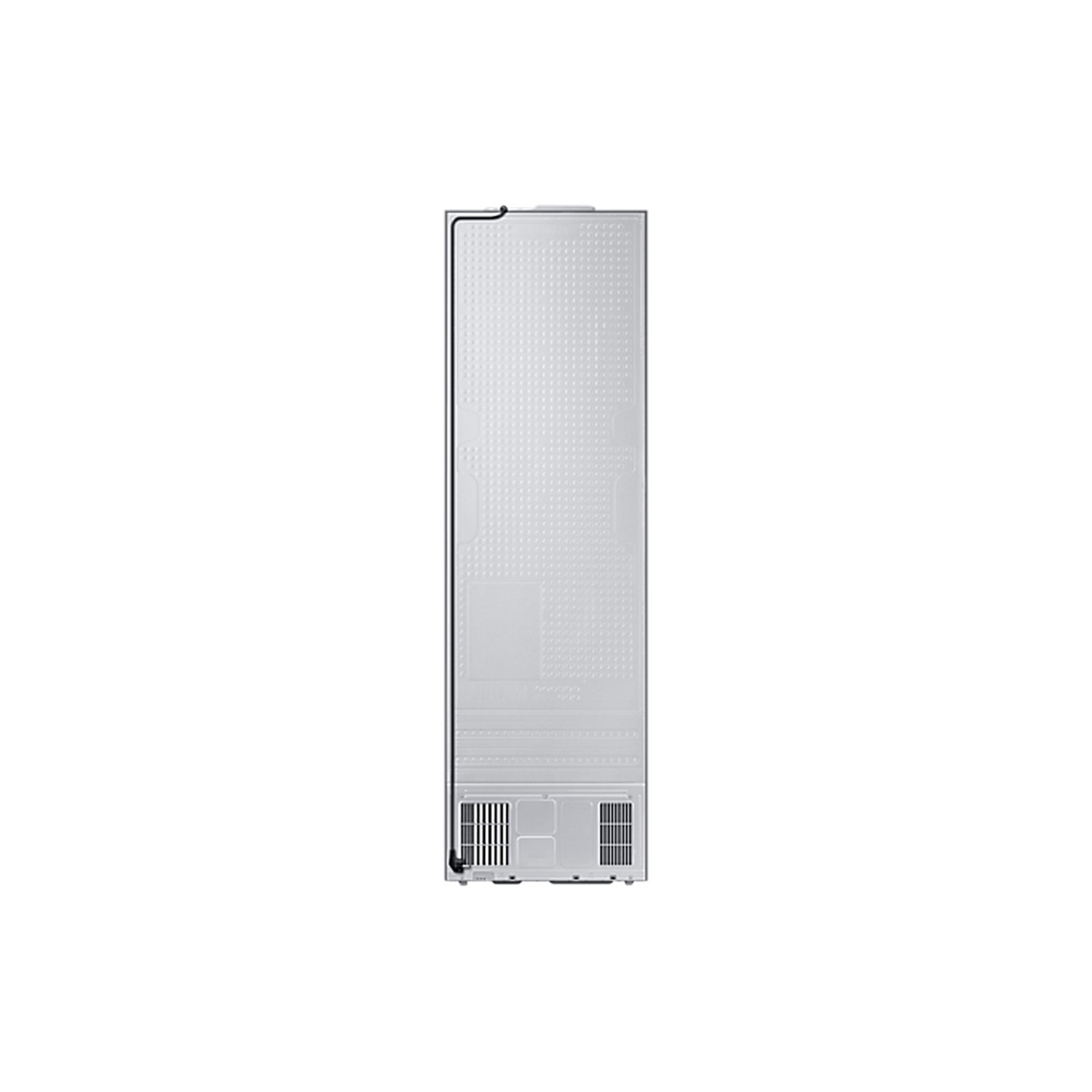 The rear view of a refrigerator. It is tall and has a grid pattern on the back.