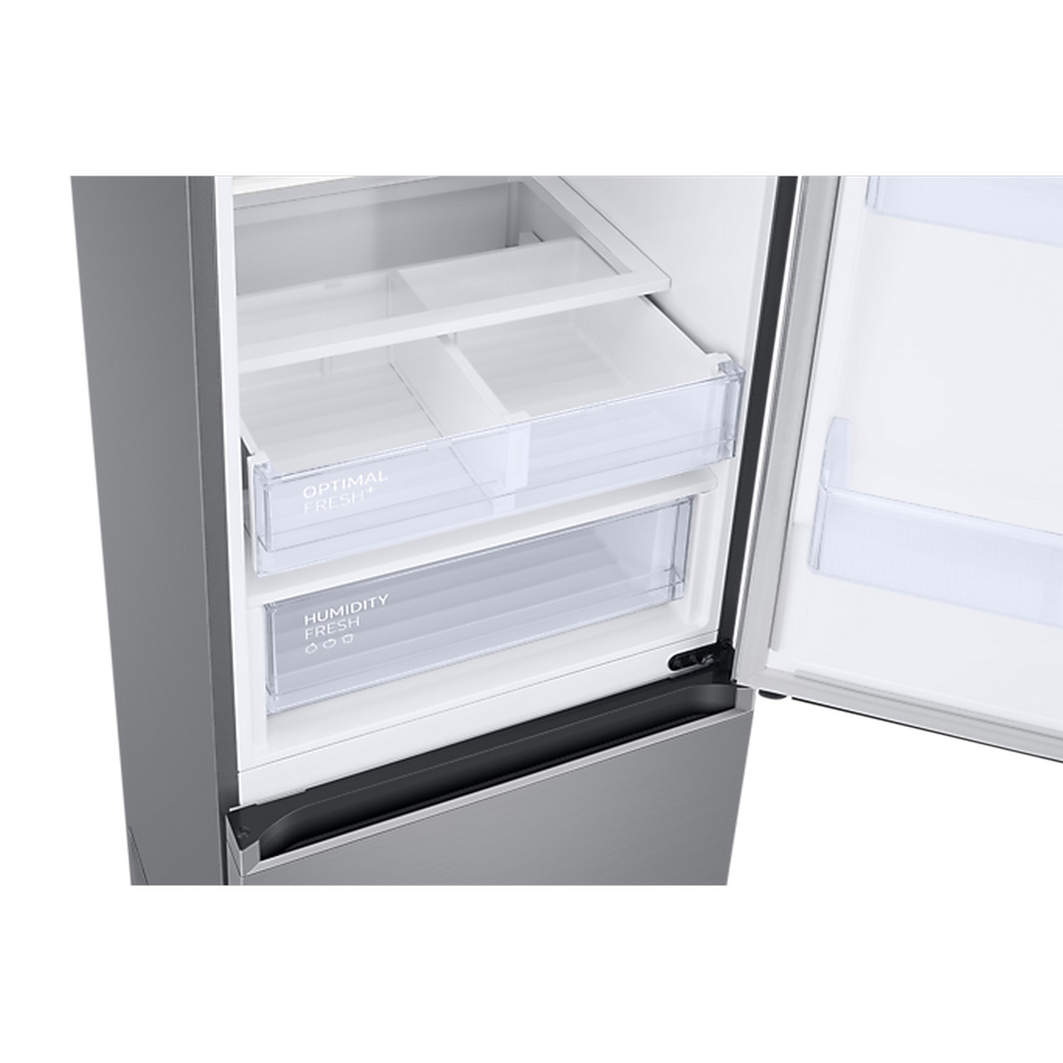 Open refrigerator with two drawers visible. Labels say Optimal Fresh+, Humidity Fresh.
