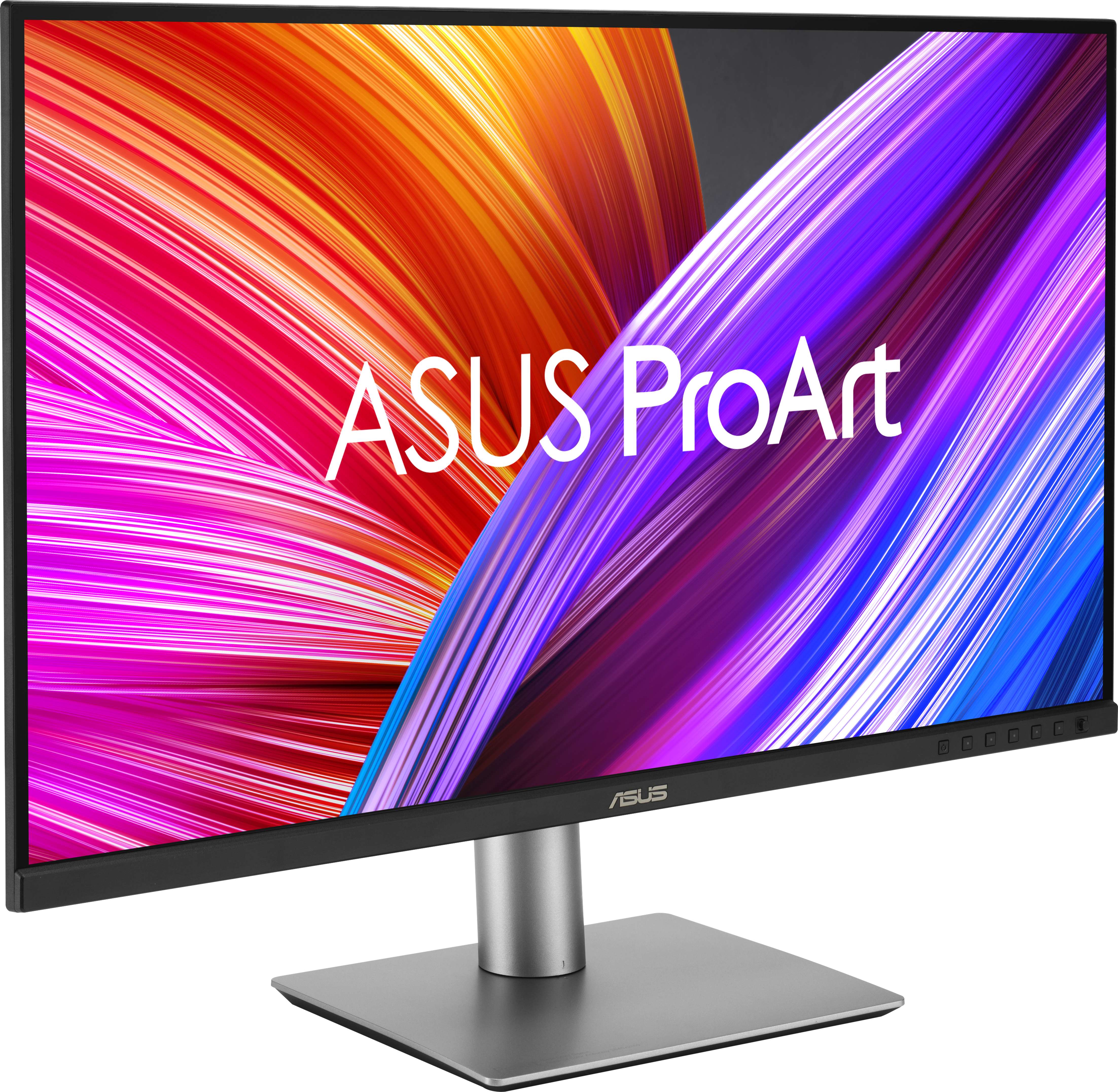Moniteur ASUS ProArt avec affichage coloré et support argenté.