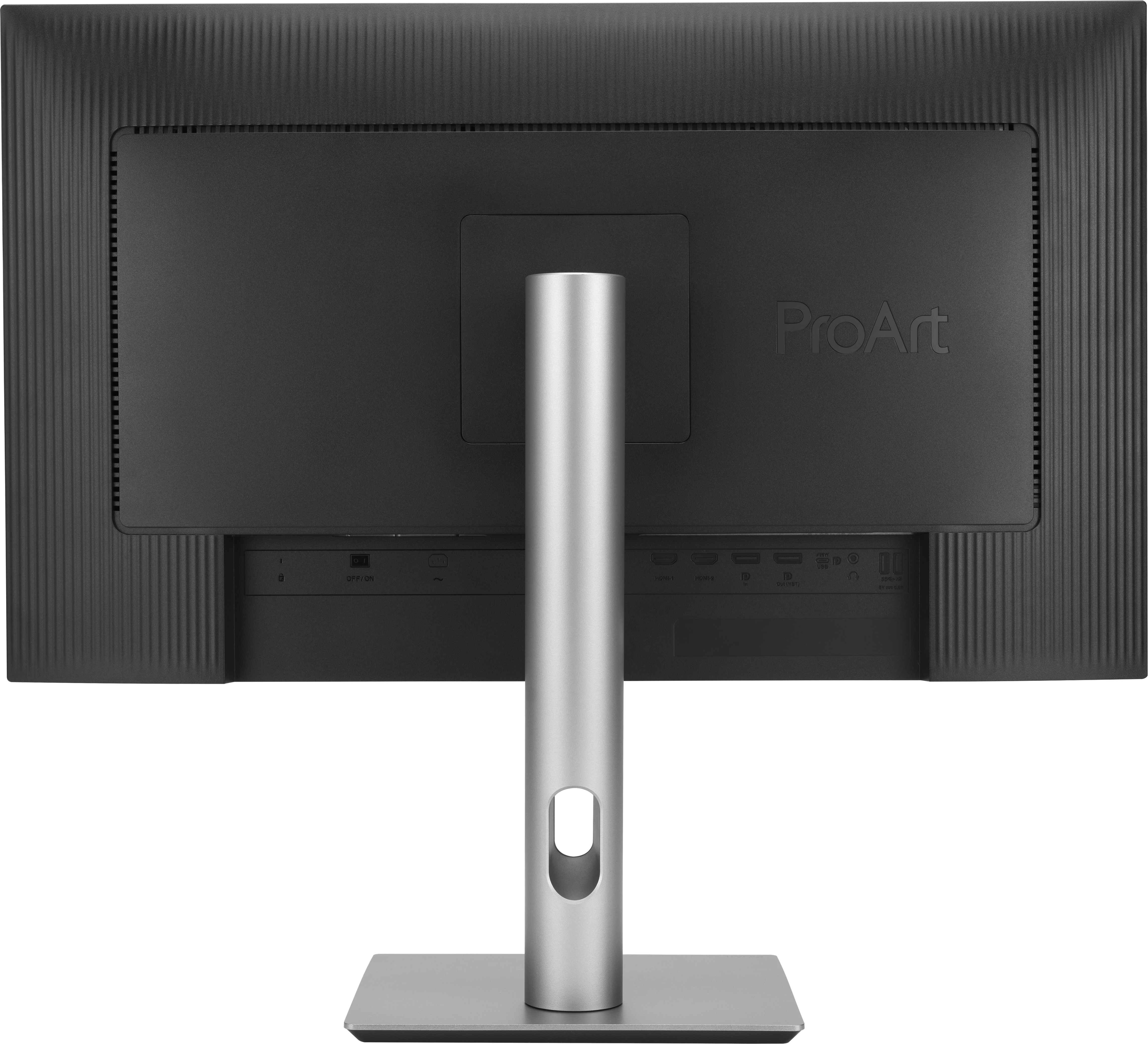 Arrière d'un moniteur ProArt noir et argent avec support argenté et ports.