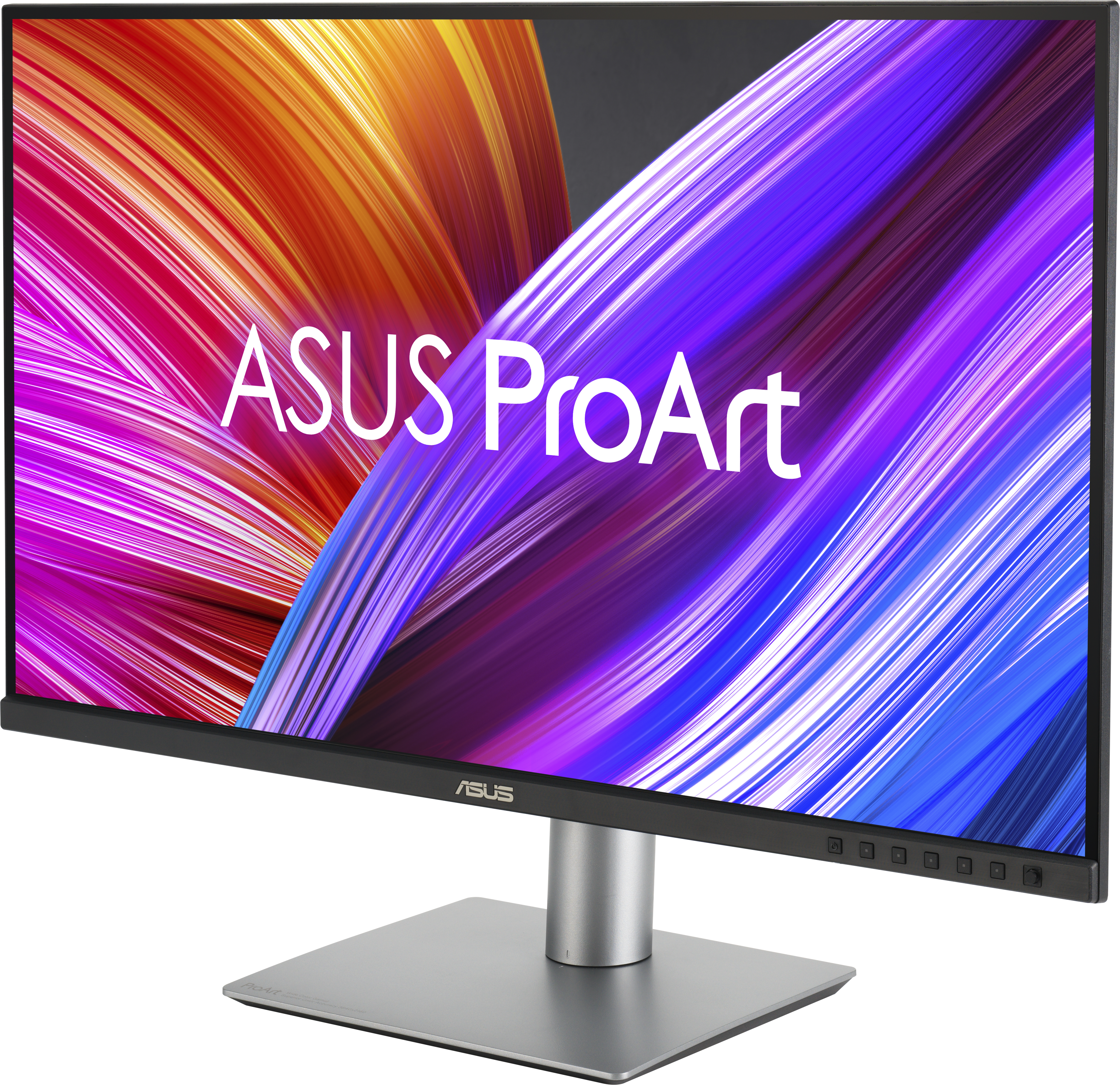 Moniteur ASUS ProArt avec écran coloré. Support et base argentés.
