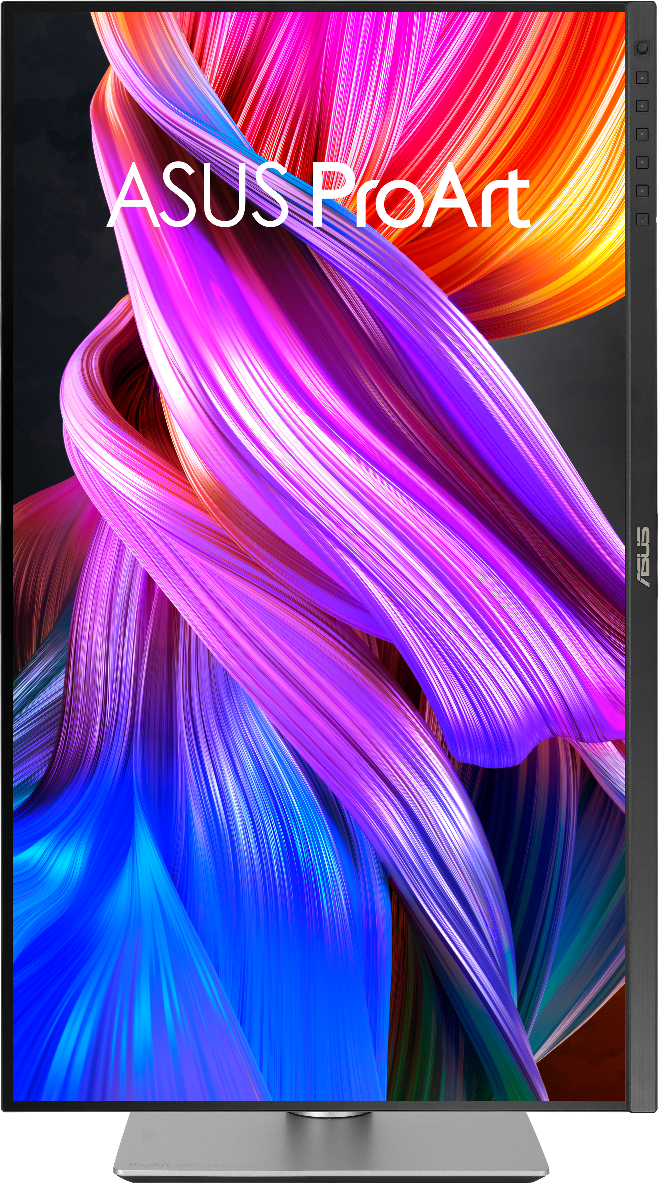 Moniteur ASUS ProArt, gros plan. L'écran affiche des couleurs vives, avec un support élégant.