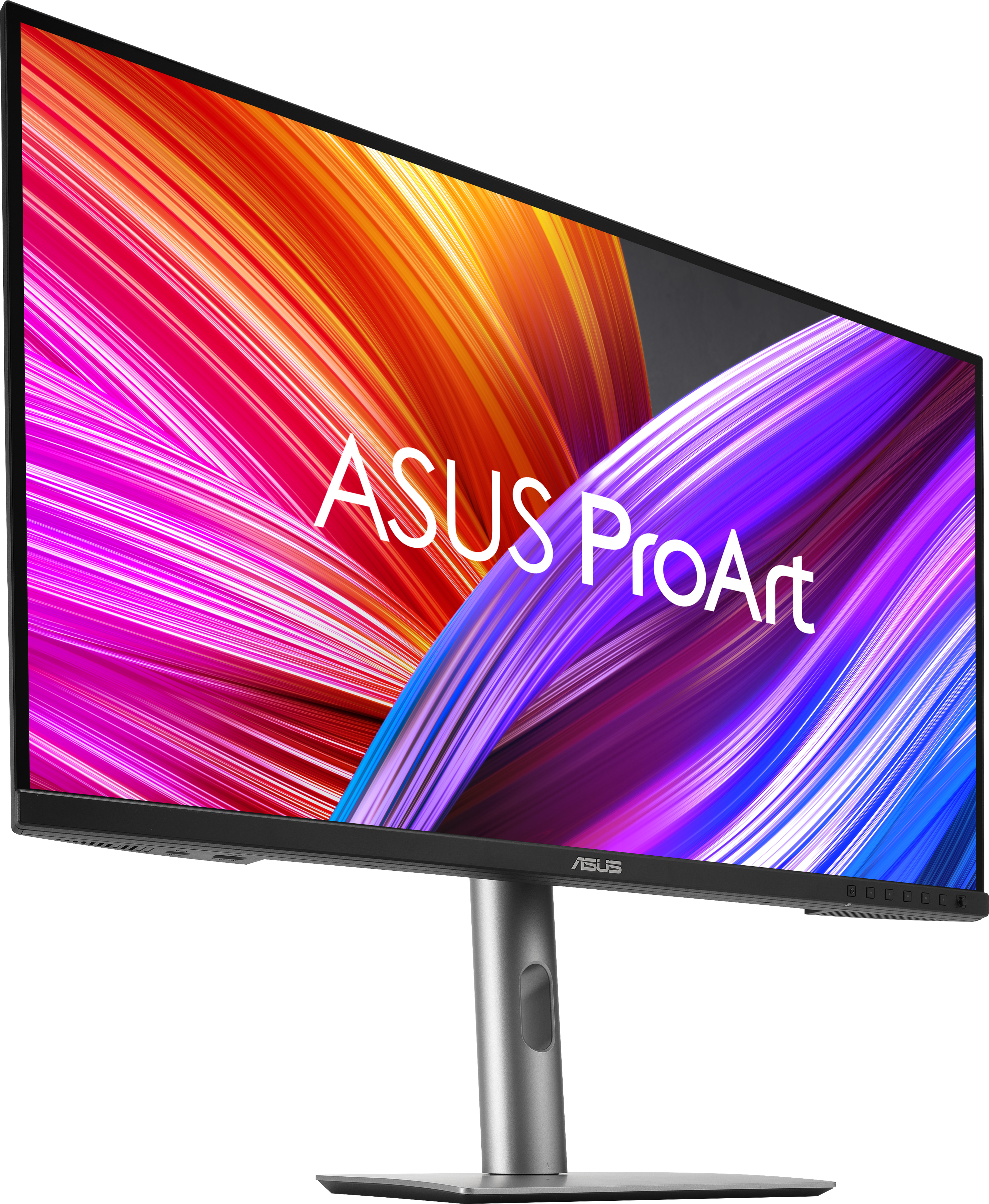 Moniteur ASUS ProArt, vue en angle, avec un fond abstrait coloré.