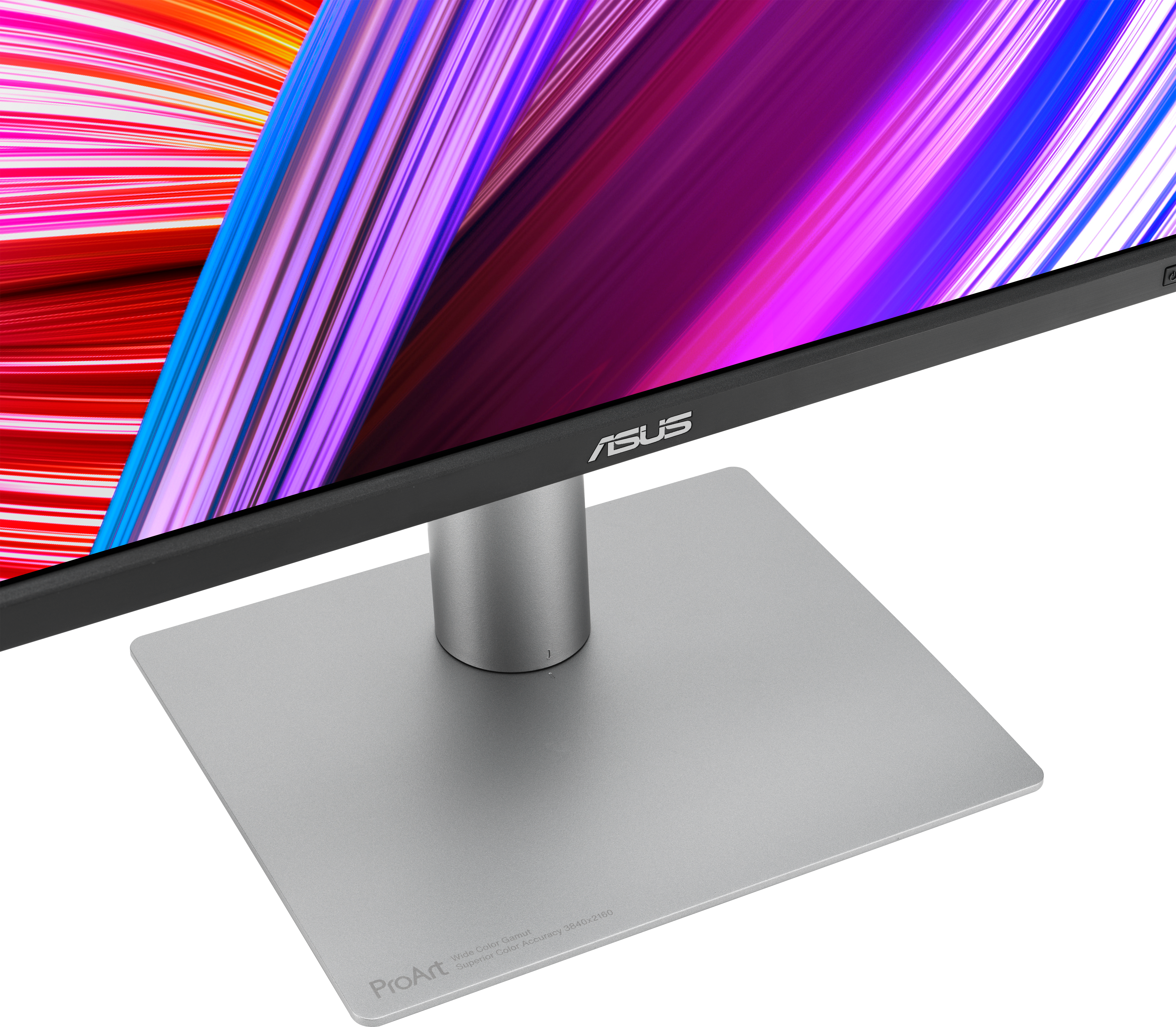 Socle du moniteur ASUS. Le moniteur est noir. Le pied est argenté avec le logo ASUS.