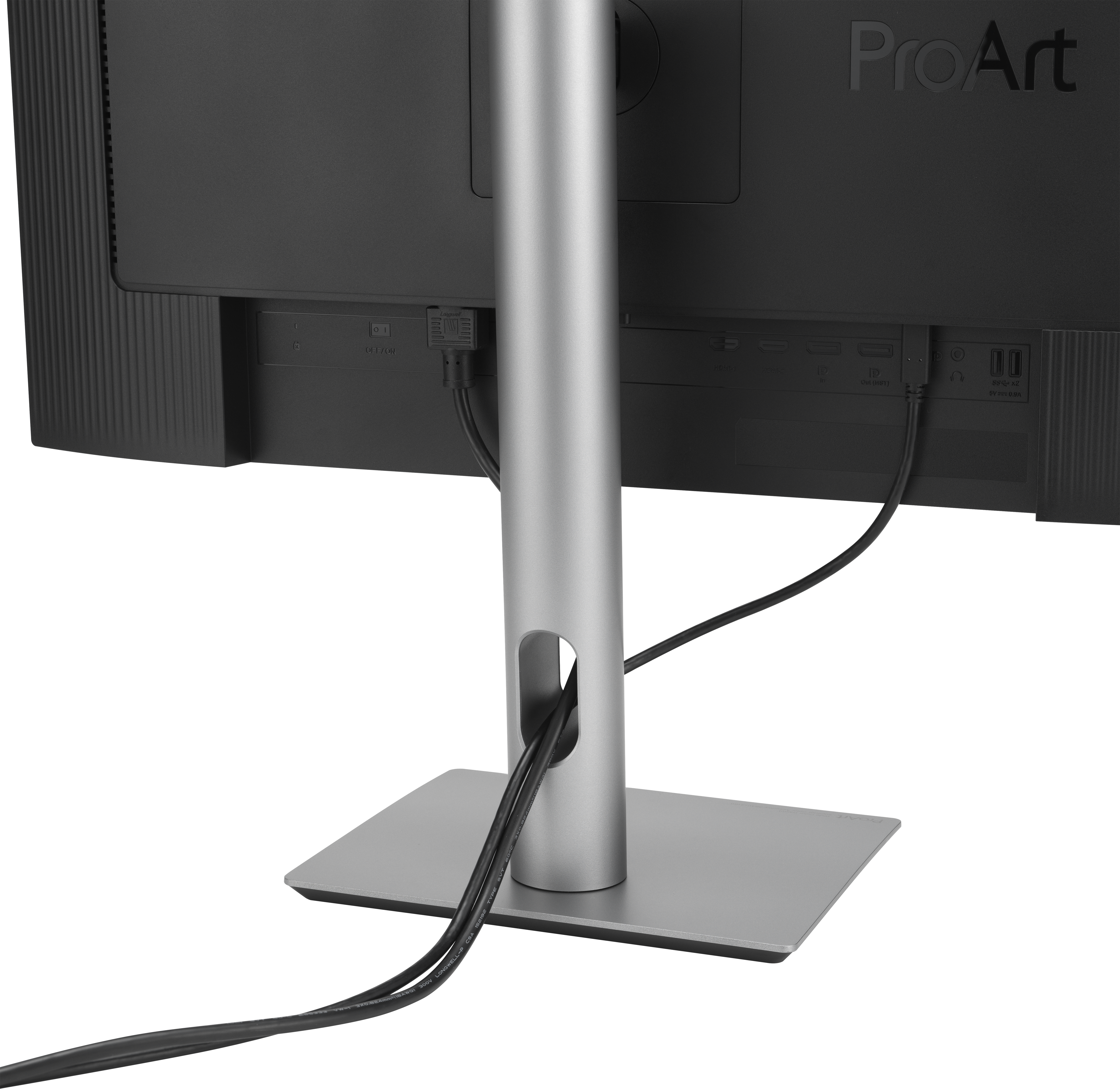 Vue arrière d'un moniteur avec des câbles connectés aux ports et au support.