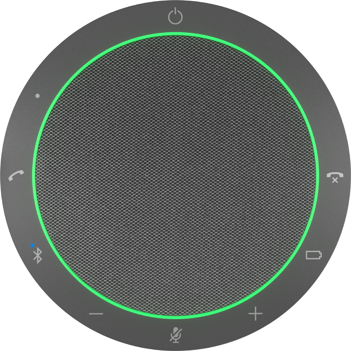 Kreisförmiger Lautsprecher. Die Mitte ist grau, mit einem grünen Ring und Symbolen am Rand.