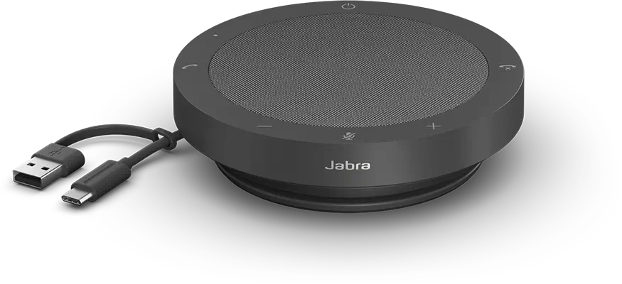 Schwarzer Jabra-Lautsprecher mit USB-Kabel. Rund mit Knöpfen und Mikrofon.