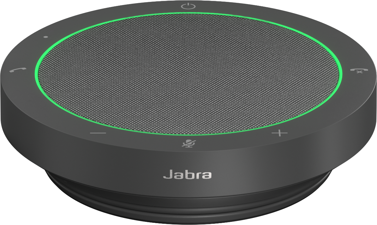 Schwarze Jabra Freisprecheinrichtung mit grünem Lichtring und Tasten. Jabra-Logo unten.
