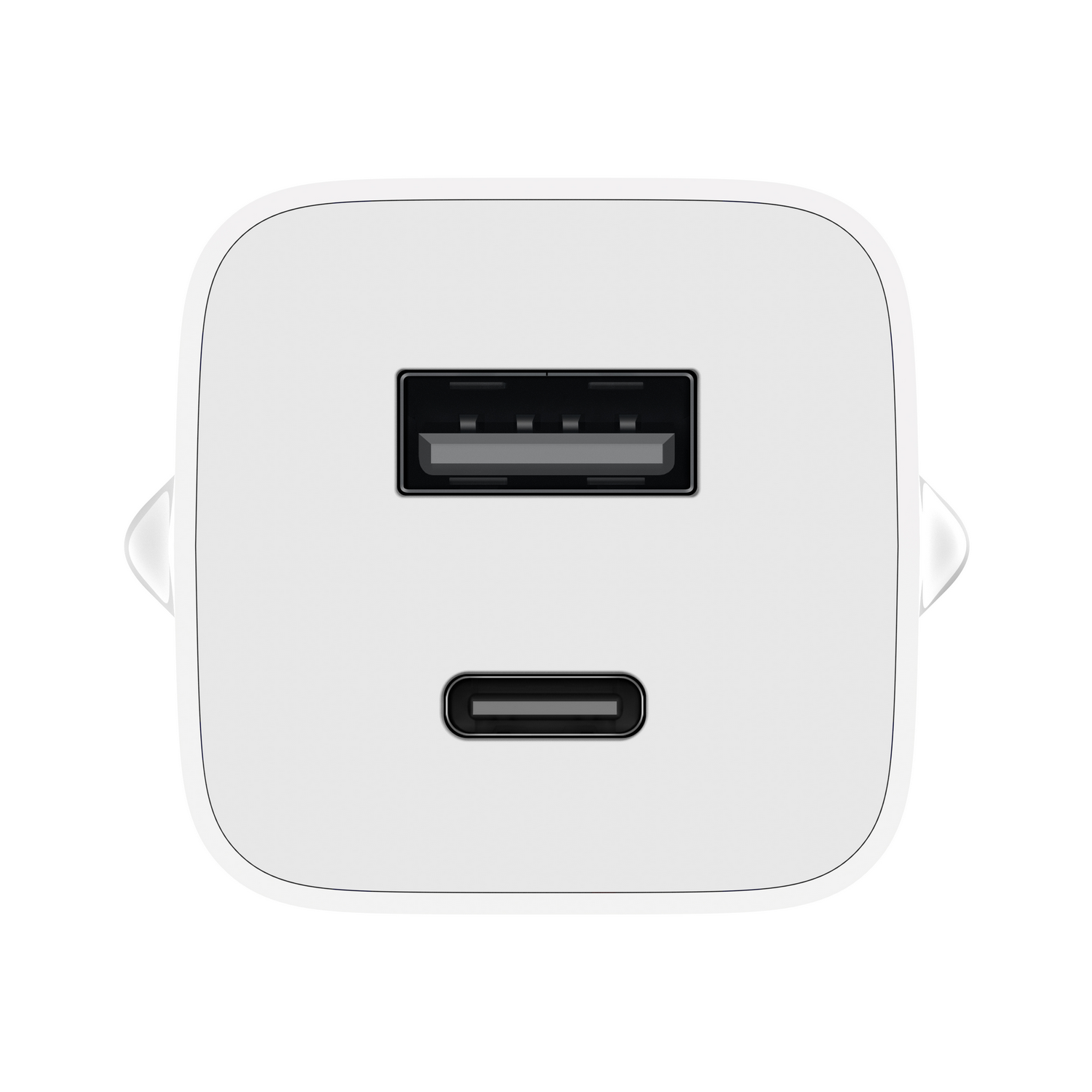 A white charger with a USB and a USB-C port. The ports are black.