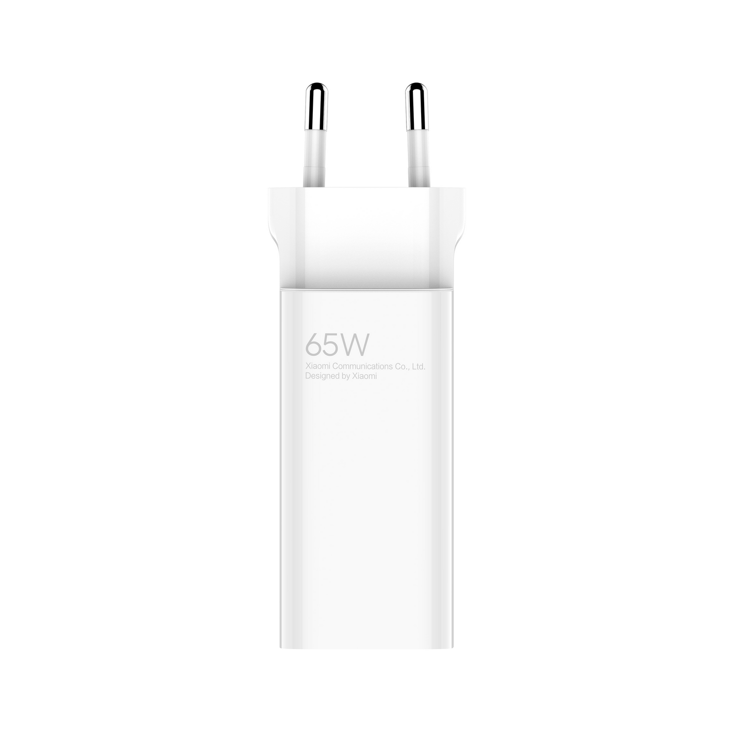 A white 65W charger with two prongs. The charger has text on it.