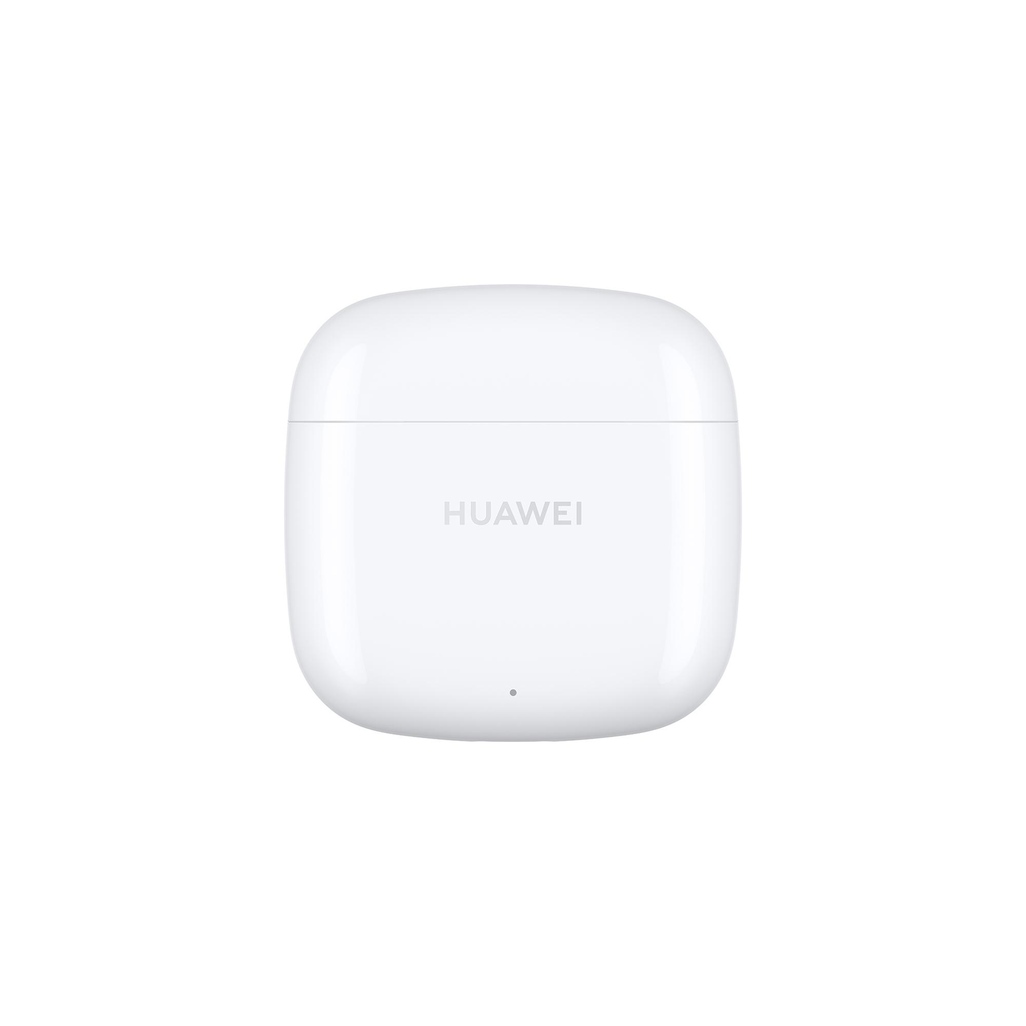 Ein weißes, abgerundetes quadratisches Ladeetui mit dem HUAWEI-Logo in der Mitte.