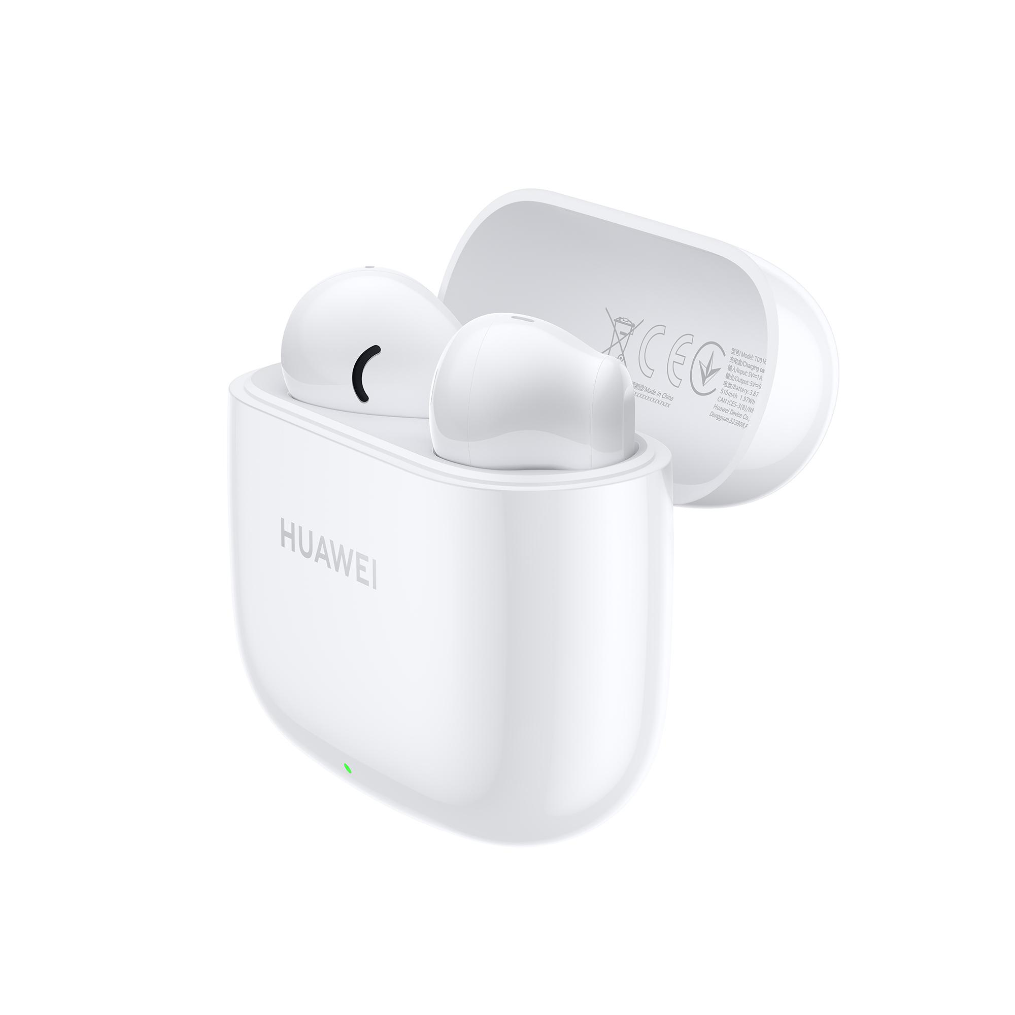 Weiße Ohrhörer in weißem Ladecase, Deckel offen. Huawei-Branding.