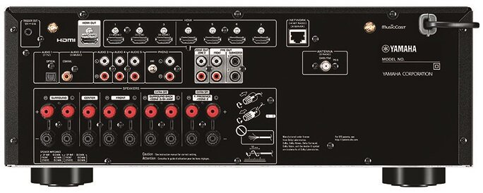 Panel tylny odbiornika audio Yamaha, z wieloma portami wejściowymi i wyjściowymi.