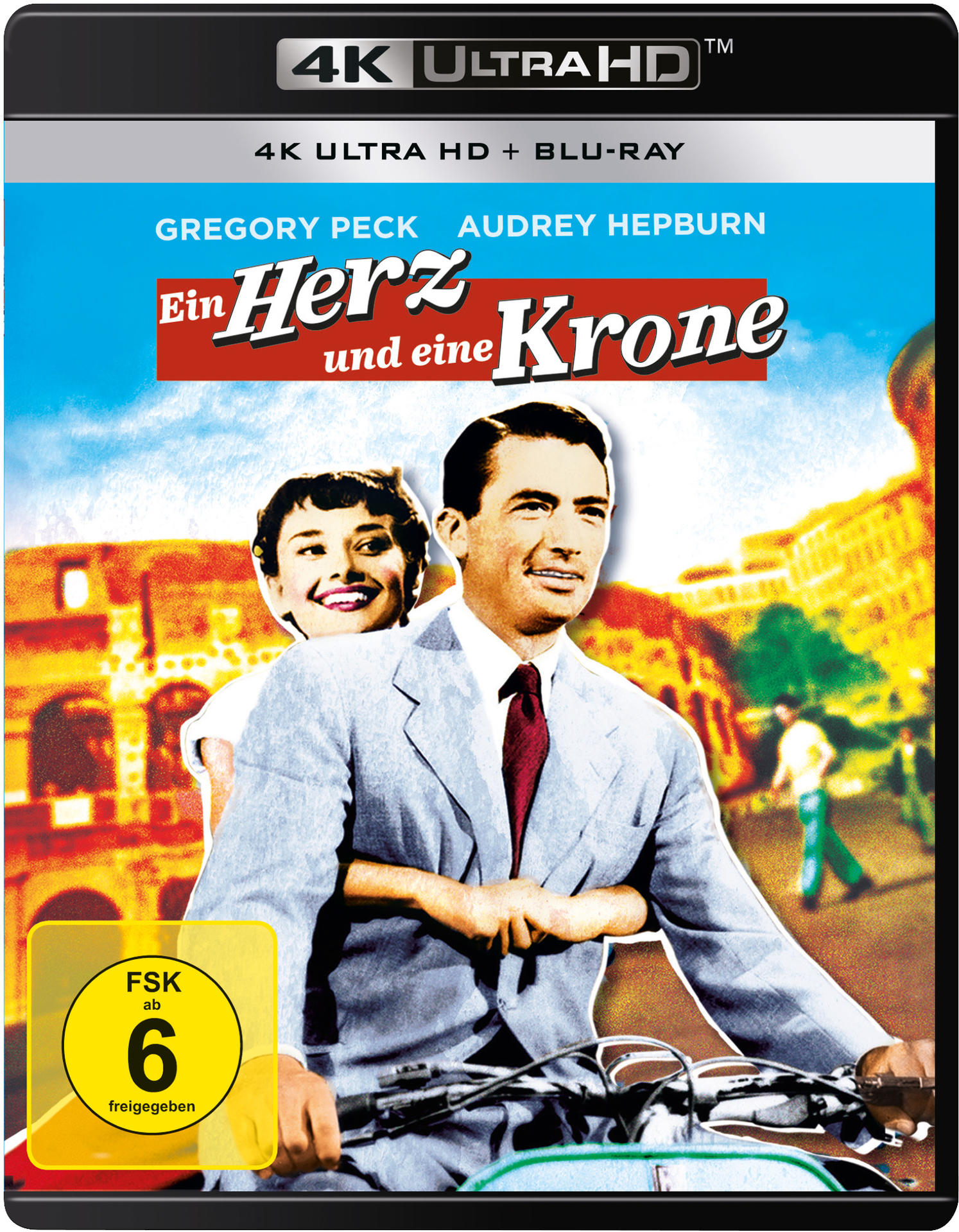 Filmcover: Gregory Peck und Audrey Hepburn auf einem Roller. Titel: Ein Herz und eine Krone. 4K Ultra HD.