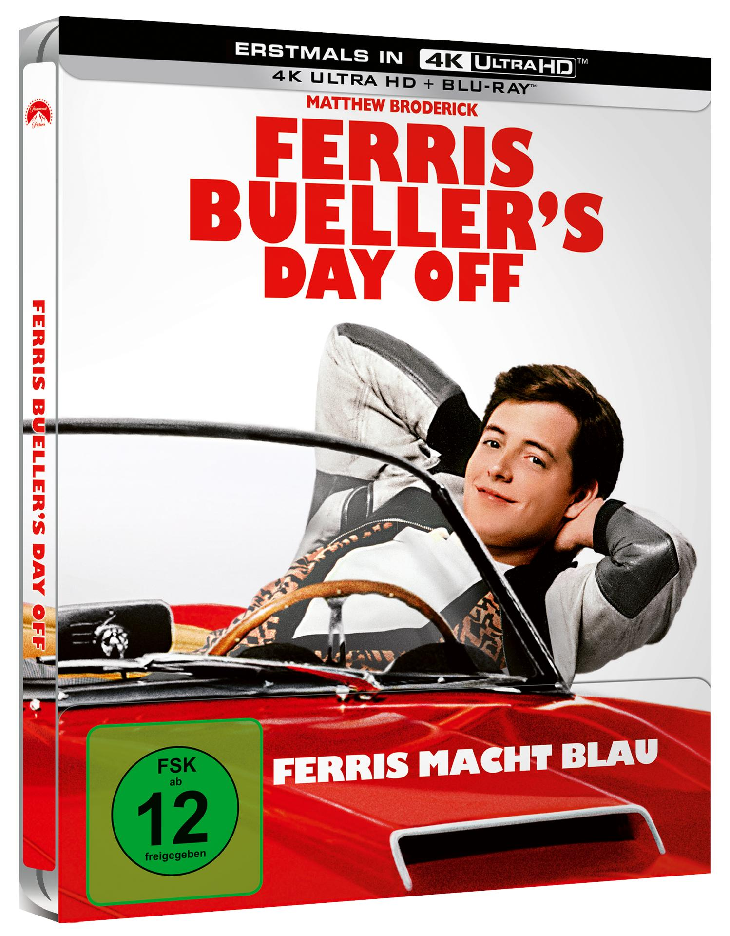DVD-Cover, 'Ferris macht blau'. Matthew Broderick im roten Auto. Deutscher Text: 'Ferris macht blau'.
