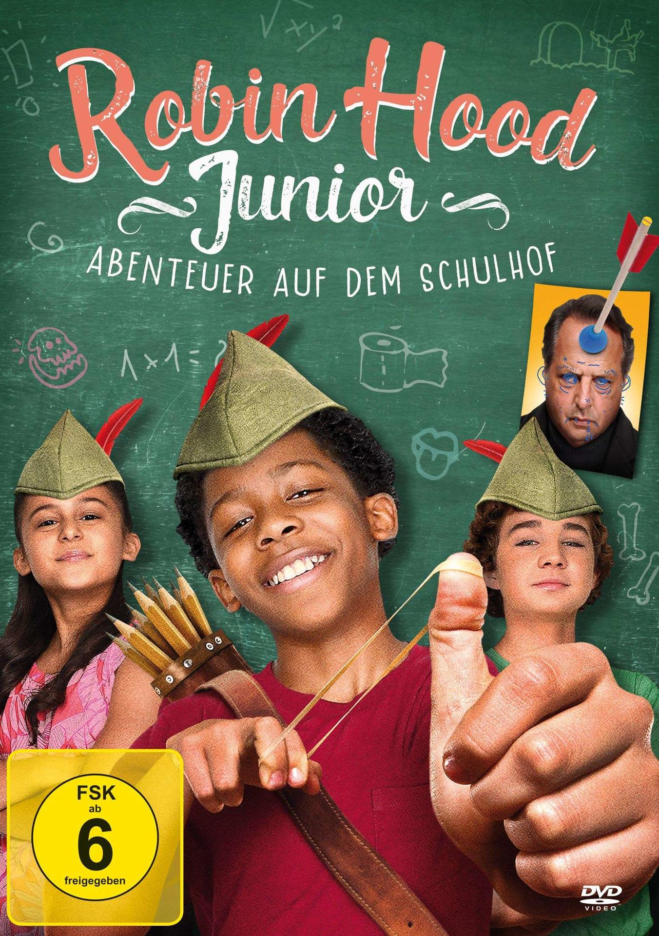 DVD-Cover: Robin Hood Junior, mit drei Kindern mit grünen Hüten, Daumen hoch.