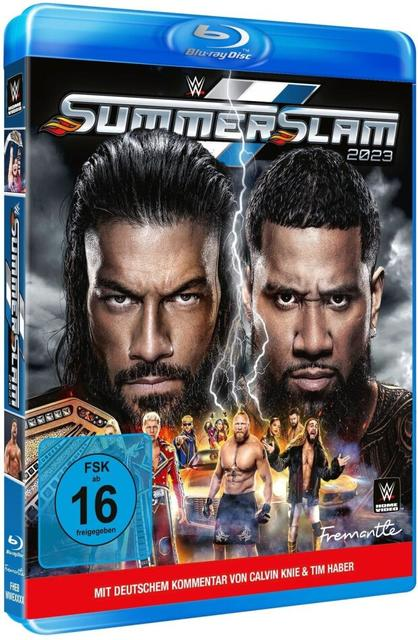 Blu-ray Disc-Cover für WWE SummerSlam 2023 mit den Wrestlern Roman Reigns und Jey Uso.