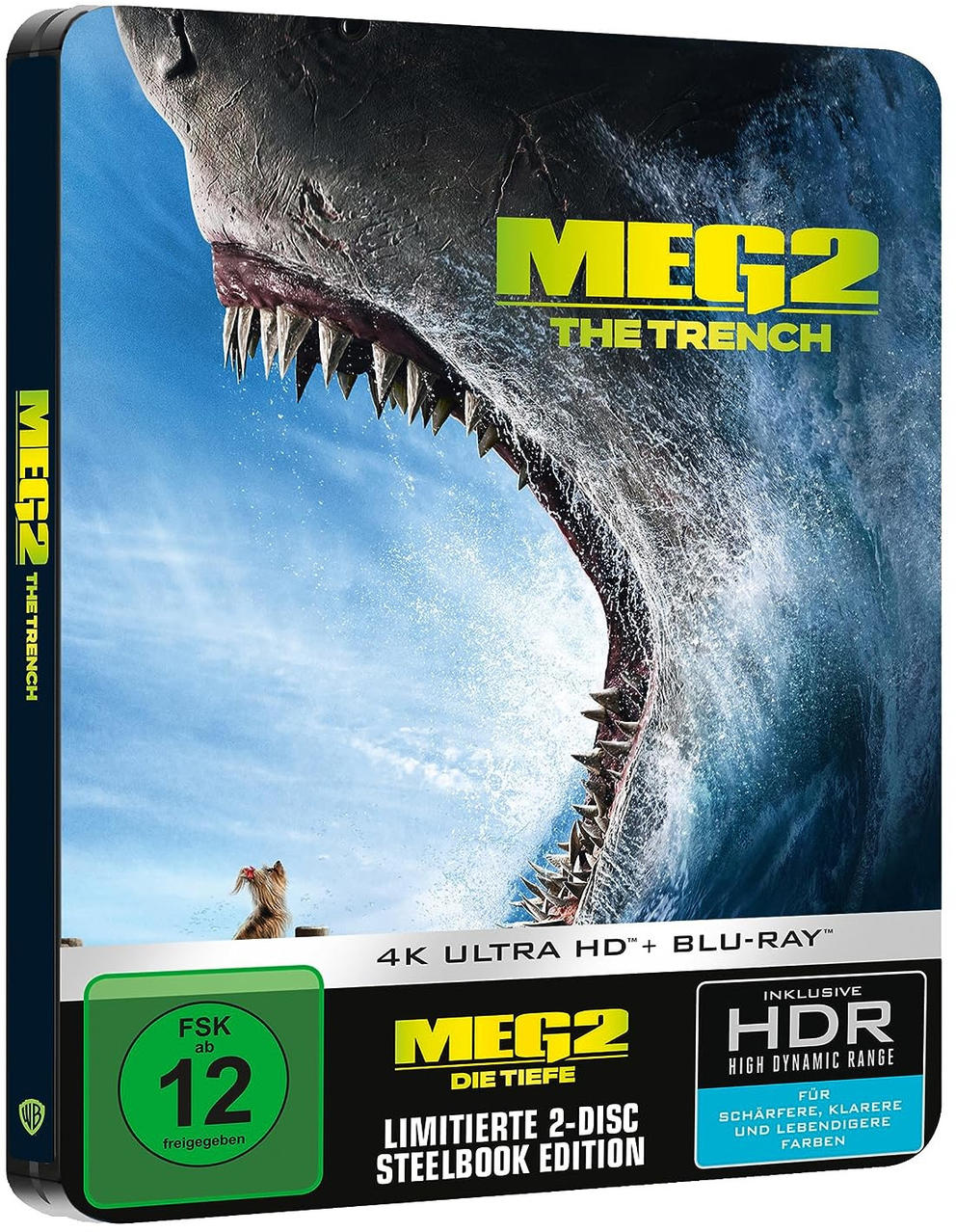 Filmcöver: Meg 2, ein Hai bricht aus dem Wasser, mit Text und einem 4K Ultra HD Blu-ray-Label.