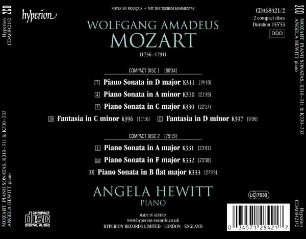 CD-Cover mit Text, der Mozarts Klaviersonaten von Angela Hewitt detailliert.