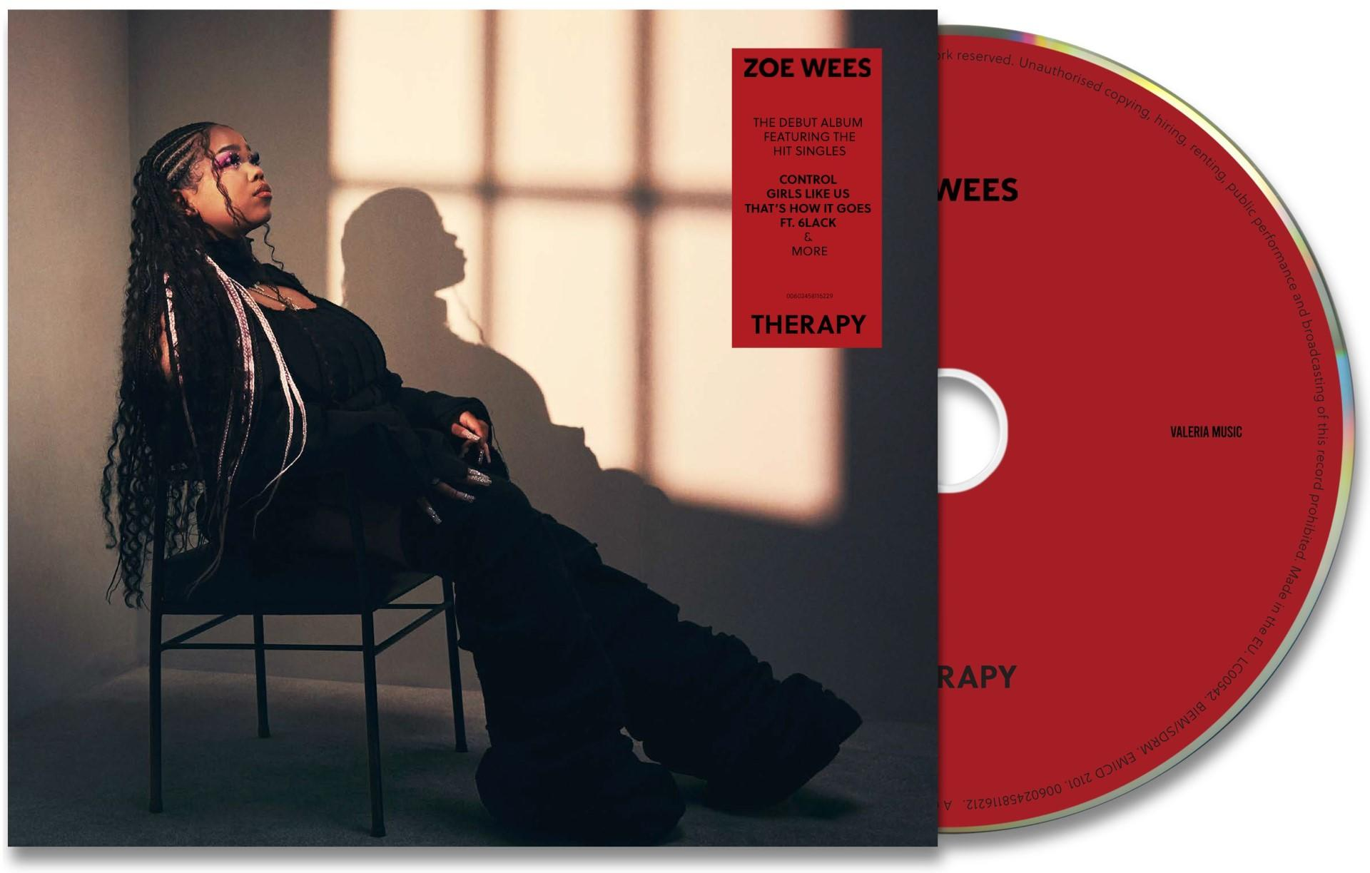 Albumcover. Frau in schwarzer Kleidung. CD rechts. Roter Cover mit Text.