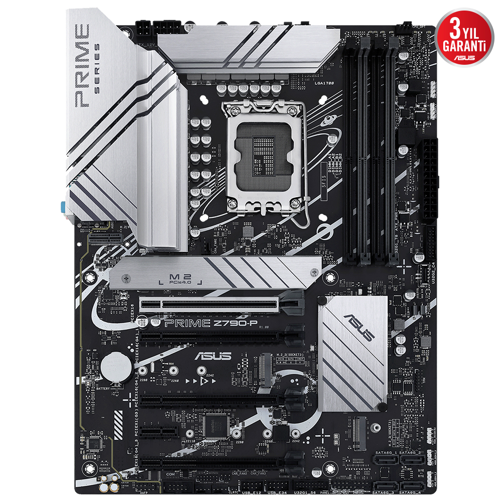 Çeşitli bileşenlere, gümüş vurgulara, merkezi bir işlemci alanına ve Asus logosuna sahip anakart.