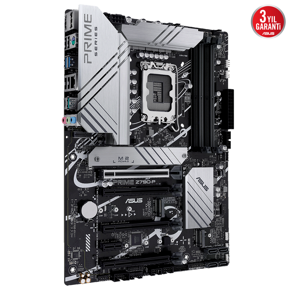 ASUS Prime serisi anakart. Gümüş ısı emicilere ve çeşitli bağlantı noktalarına sahip.