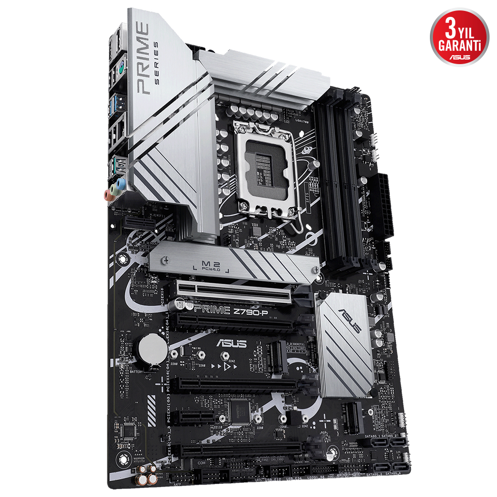 Bilgisayar anakartı, siyah ve gümüş, ASUS logosu ve diğer bileşenlerle.