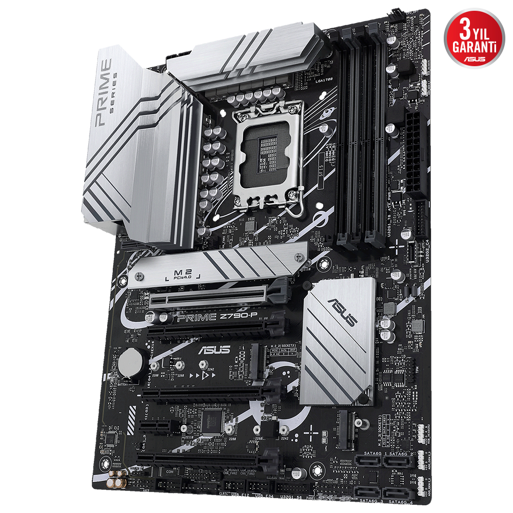 Siyah ve gümüş ASUS PRIME Z790-P anakart, bileşenleri ve etiketleri ile.