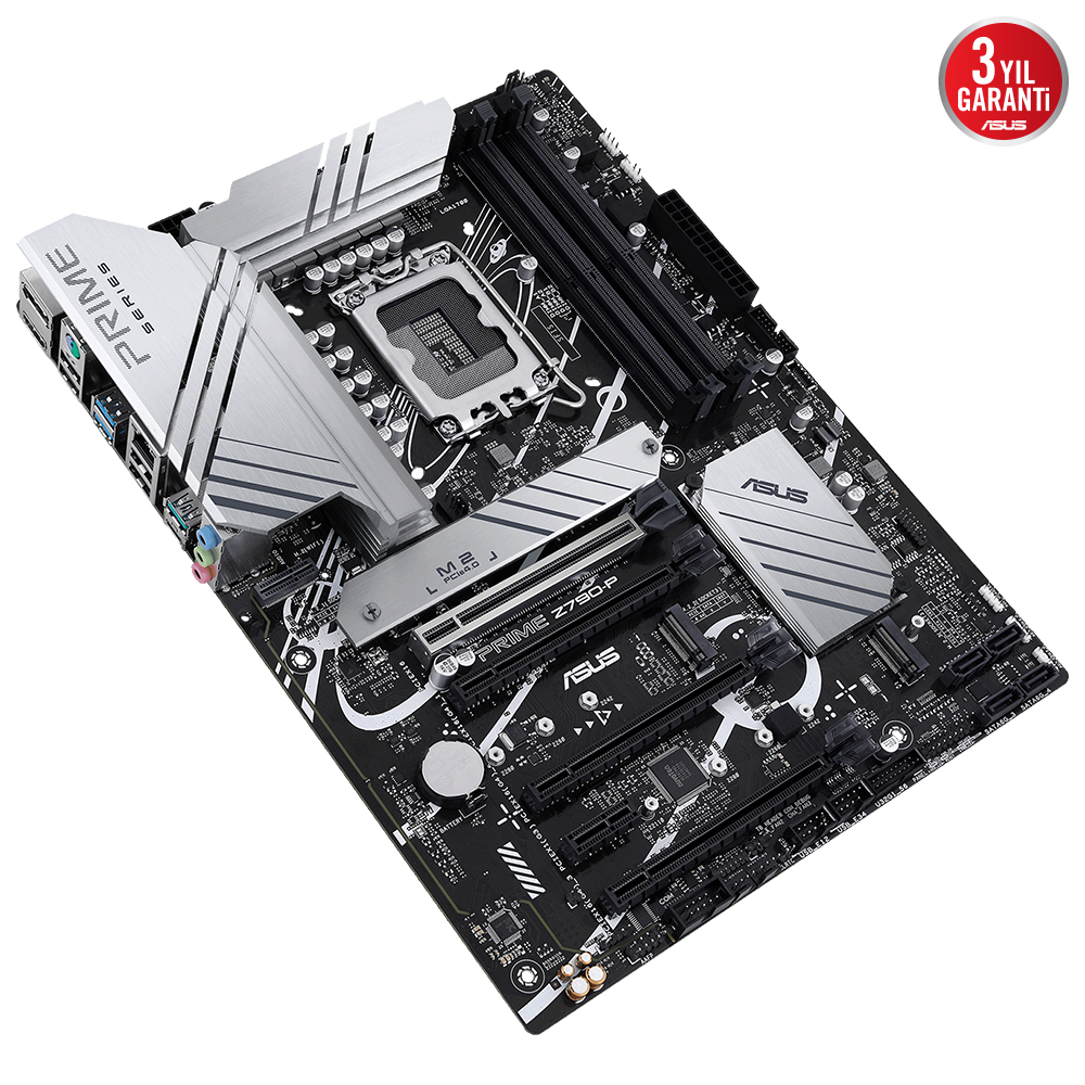Metalik vurgulara sahip bir bilgisayar anakartı ve yukarıdan görünüm. ASUS Prime logosuna sahip.