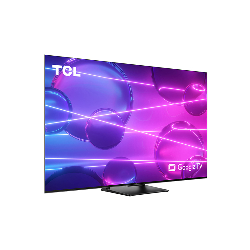 Siyah stand üzerinde TCL Google TV, mavi ve mor küre arka planı, altta logo.
