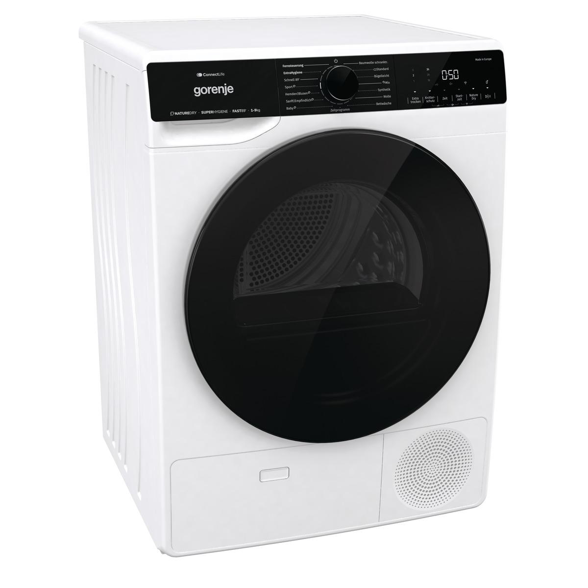 Weißer Gorenje-Trockner mit schwarzer Tür und Bedienfeld. Die Perspektive ist von oben.
