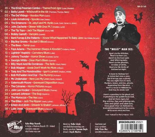 Albumcover mit Text und Illustrationen, mit einem Mann mit Hut und Fledermäusen.