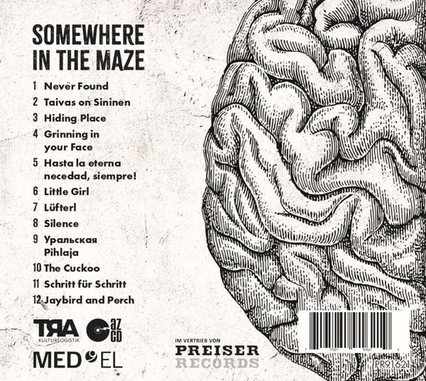 Rückseite eines Albumcovers mit Gehirnzeichnung und Trackliste.
