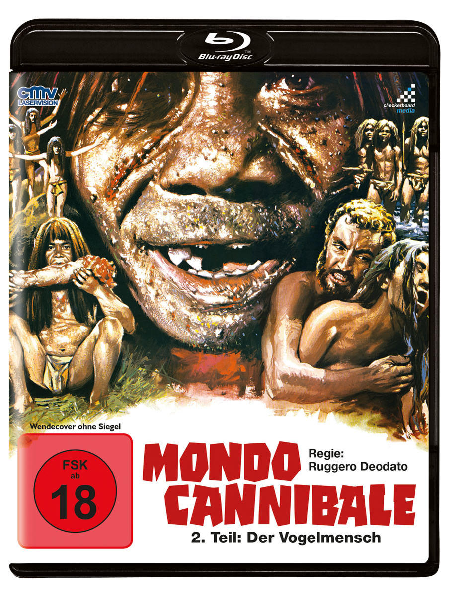 DVD-Cover mit Menschen in Stammeskleidung, einem großen Gesicht und dem Text: Mondo Cannibale.