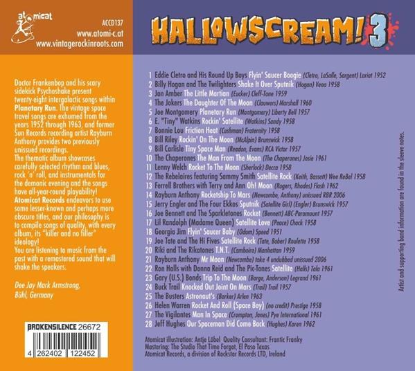Ein CD-Cover mit Text und einer Liste von Songs. Der Hintergrund ist farbenfroh.