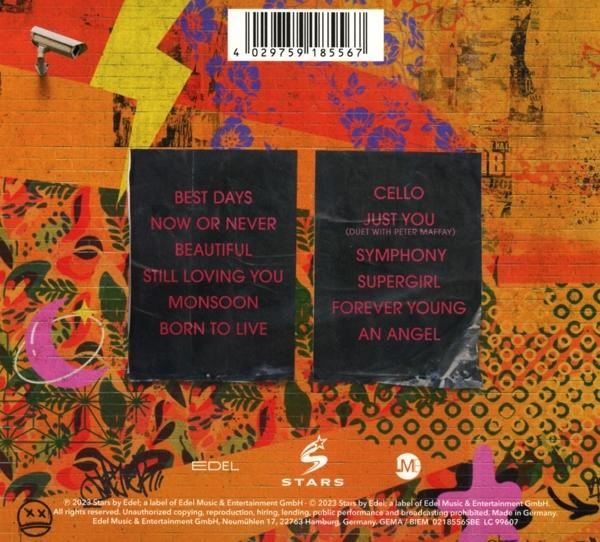 Rückseite einer CD-Hülle mit Songtiteln in Schwarz auf buntem, abstraktem Hintergrund.