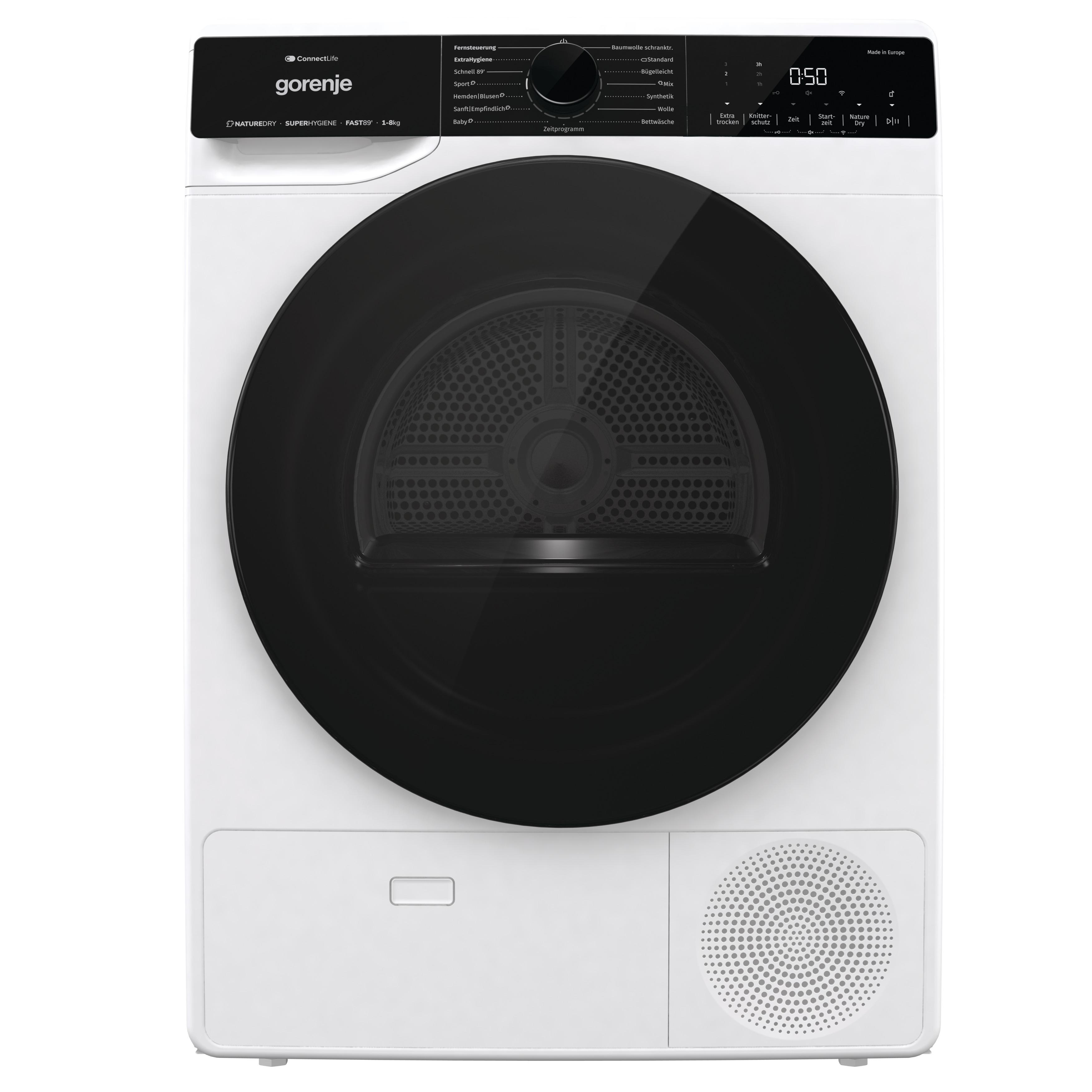 Weißer Gorenje Trockner mit schwarzer Tür und Bedienfeld. Der Trockner steht auf weißem Untergrund.
