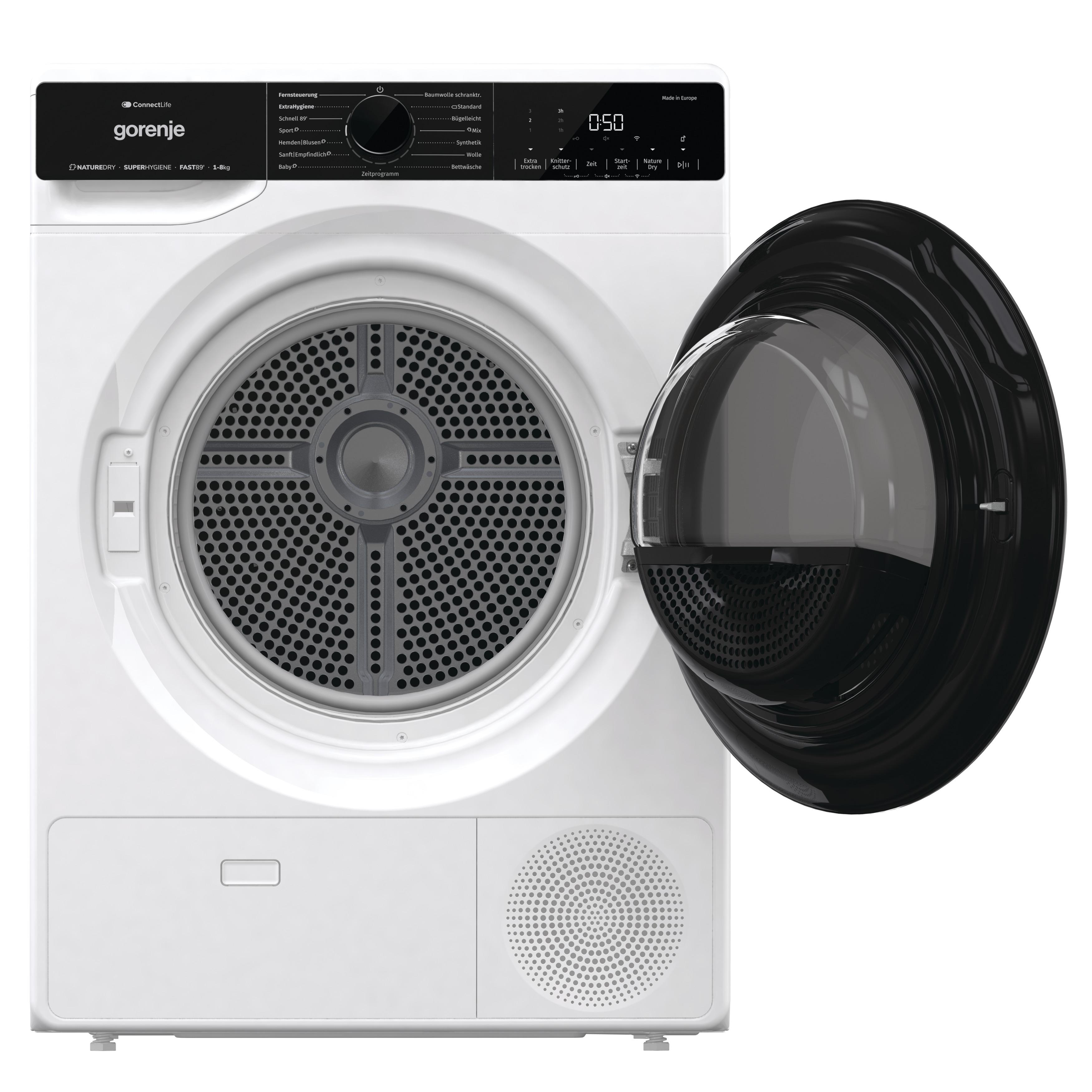 Weißer Gorenje Trockner mit offener Tür. Schwarze Trommel sichtbar. Bedienfeld oben.