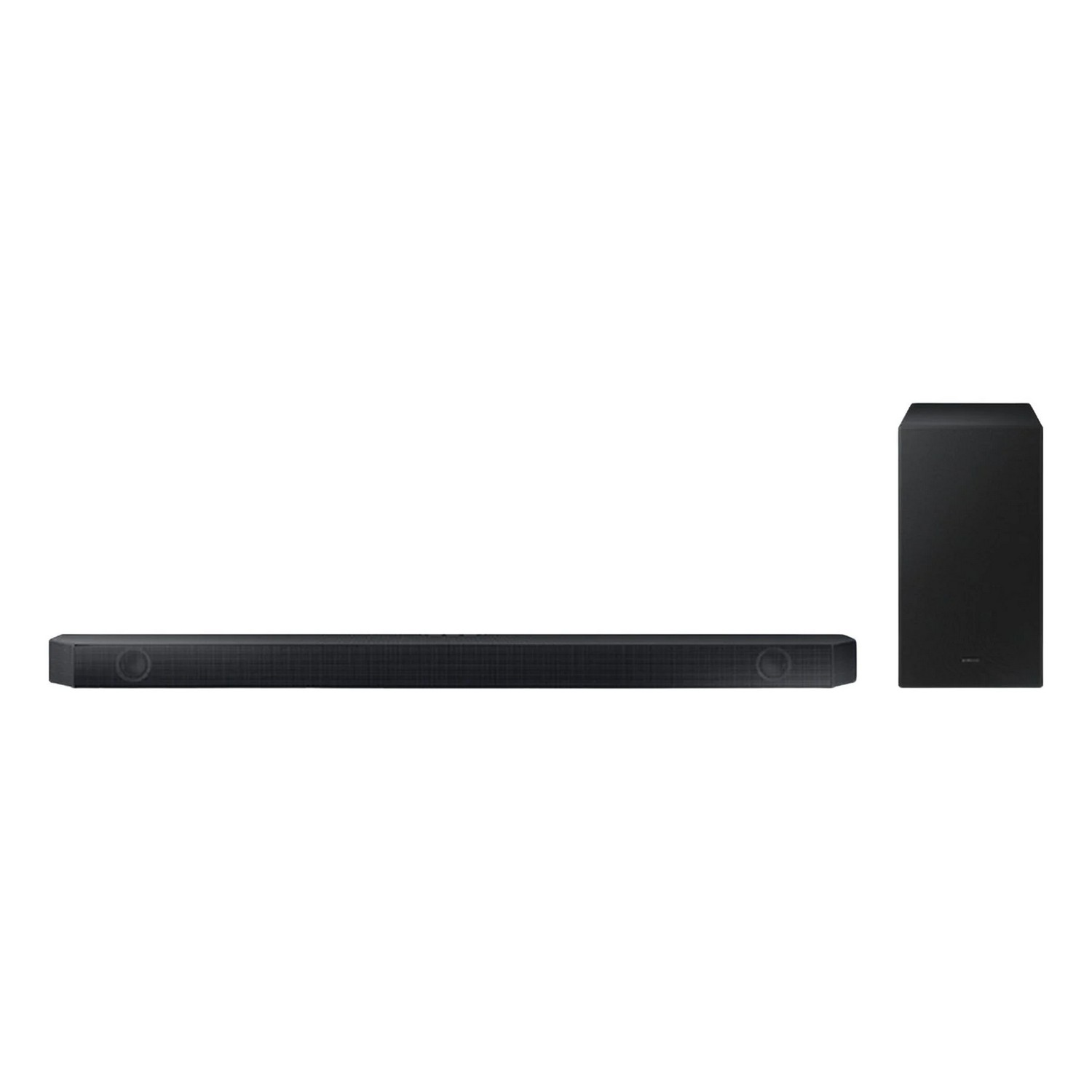 Barre de son noire et caisson de basses sur fond blanc. Les deux sont rectangulaires.