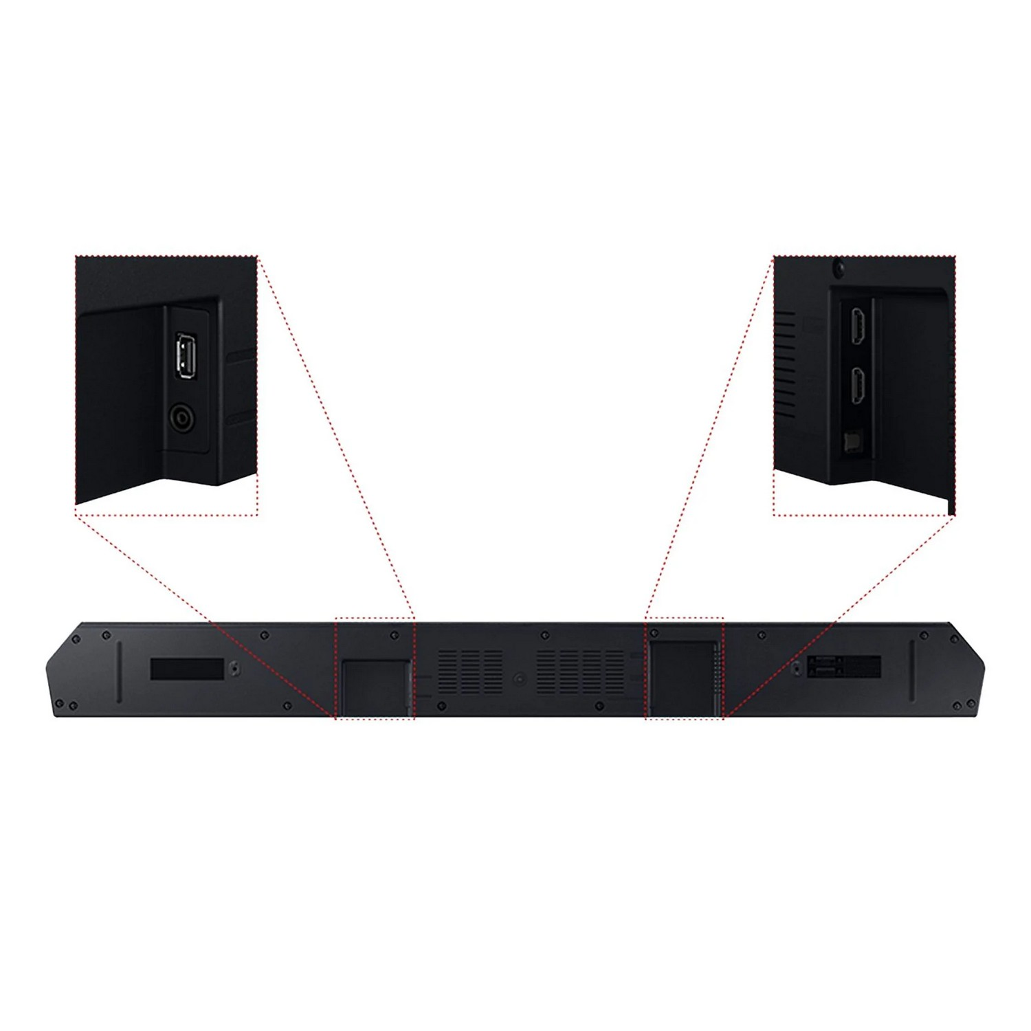 Barre de son noire avec ports d'entrée. Des gros plans montrent un port USB et des ports HDMI/USB.