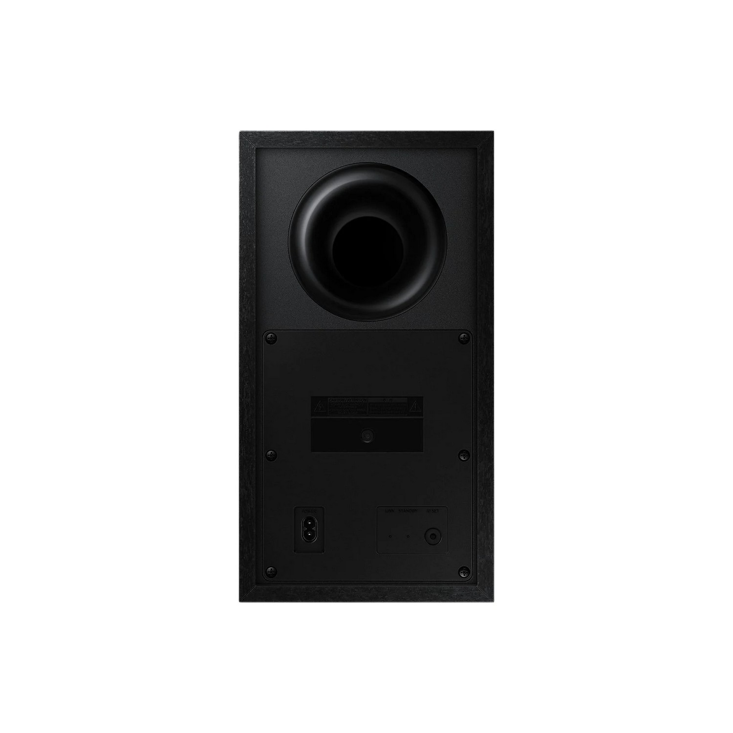 Vue arrière d'une barre de son Samsung noire avec un grand port circulaire et divers ports d'entrée.