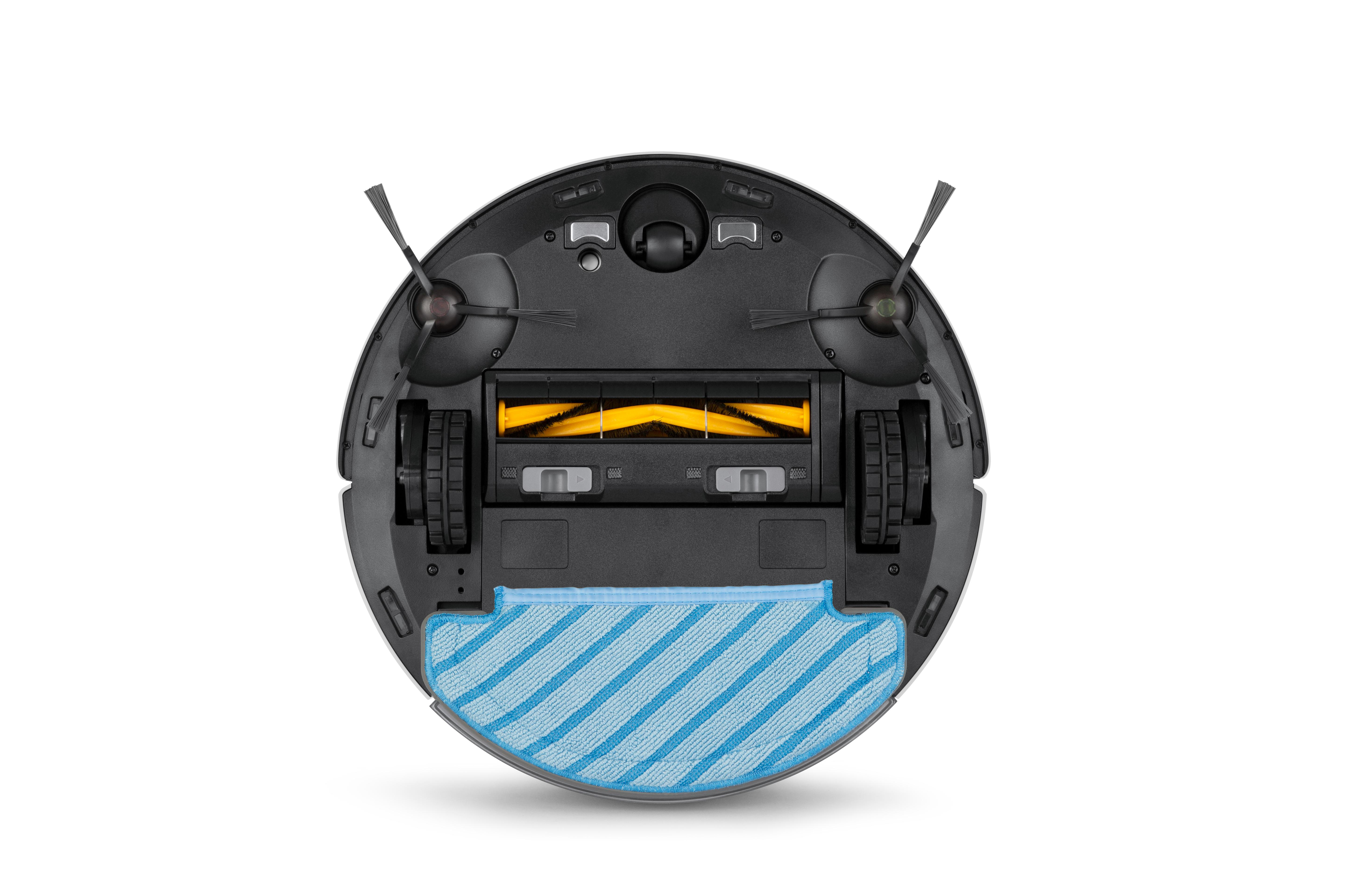 Roboter-Staubsauger, Unteransicht. Schwarz mit Bürsten, Rädern und blauem Wischpad.