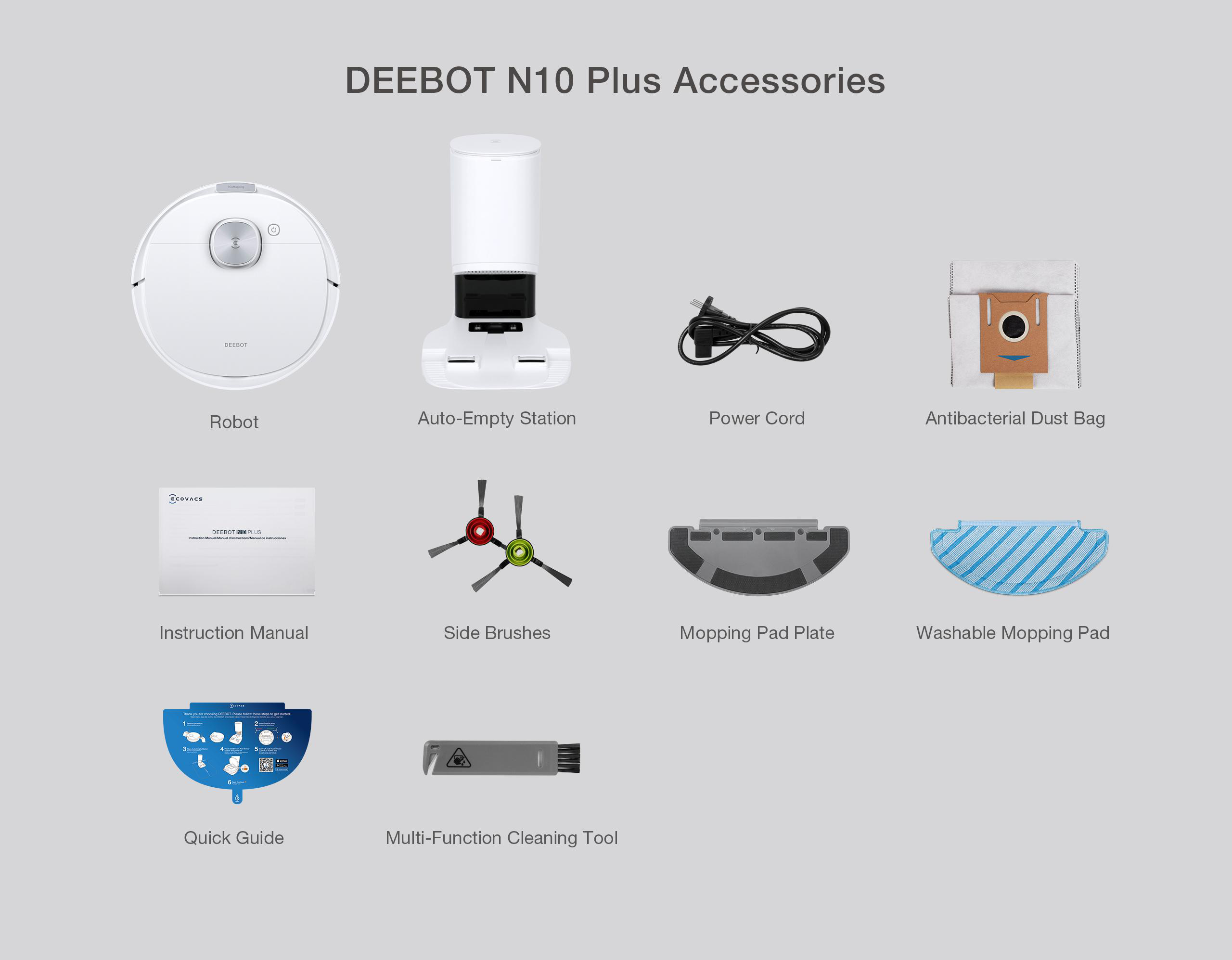 DEEBOT N10 Plus Zubehör, darunter ein Roboterstaubsauger, eine automatische Entleerungsstation und Reinigungswerkzeuge.