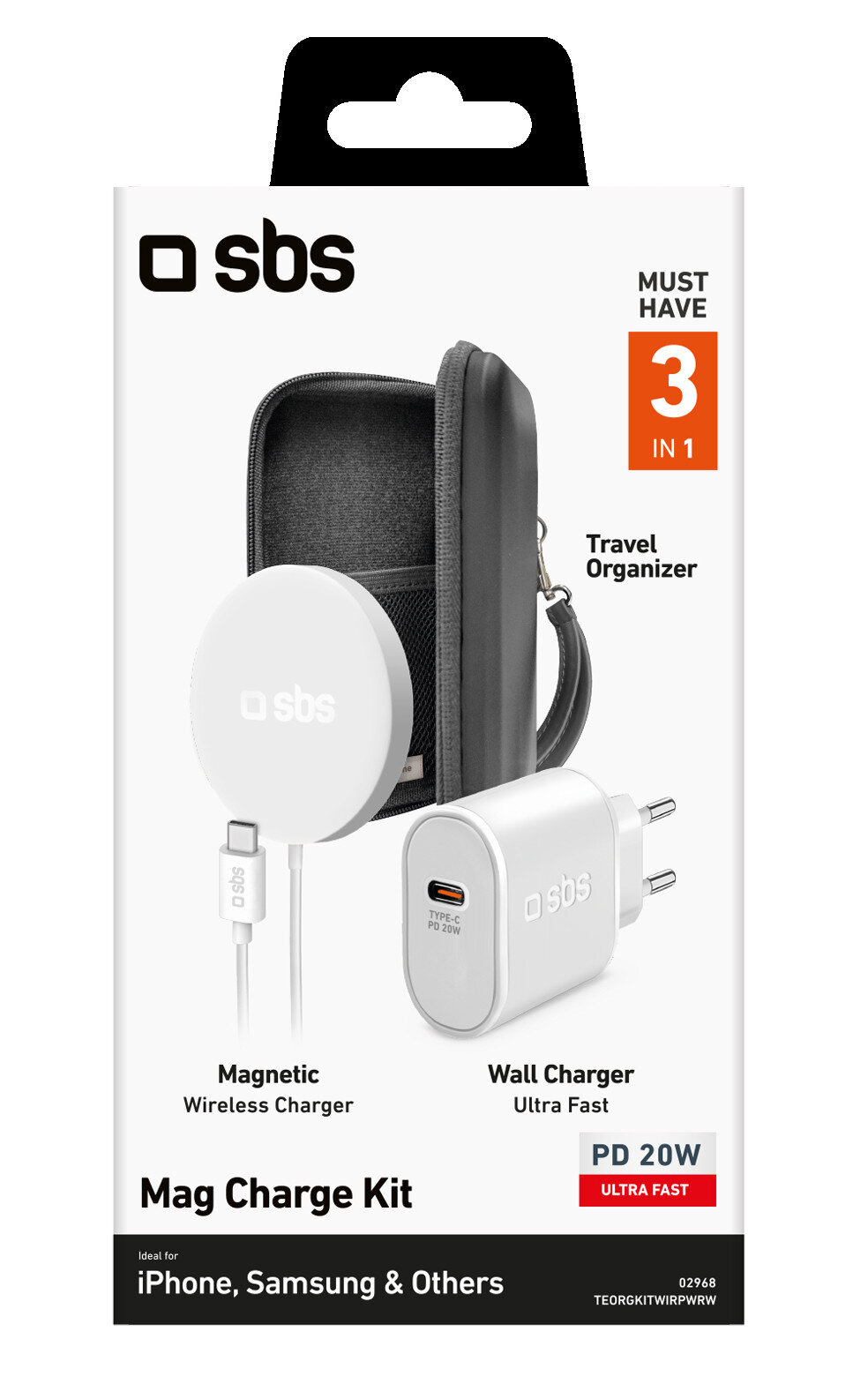 Białe pudełko Mag Charge Kit z ładowarką bezprzewodową, ładowarką ścienną i organizerem podróżnym.