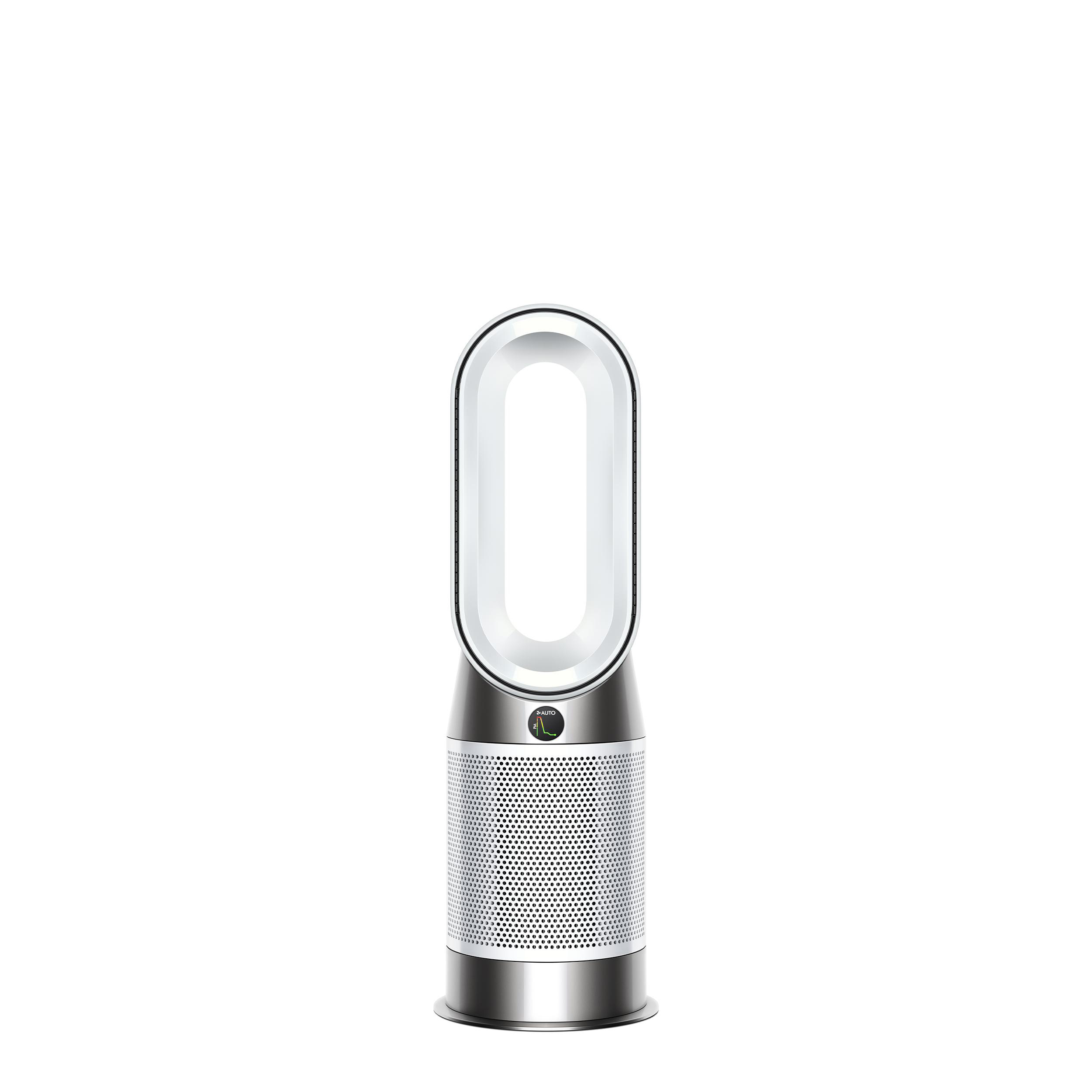 Ein silberner und weißer Dyson-Luftreiniger mit einem hohen, oval geformten Luftauslass und einem zylindrischen Sockel.